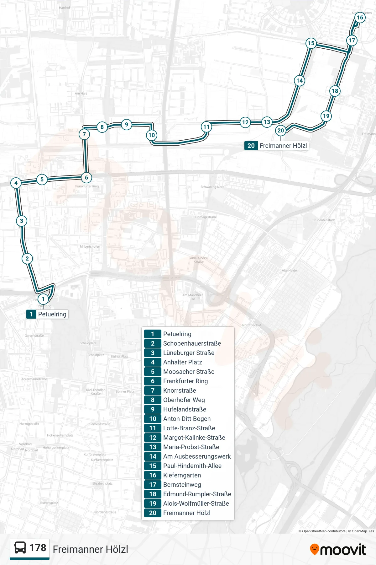 178 bus Line (Freimanner Hölzl) route and stops on a map