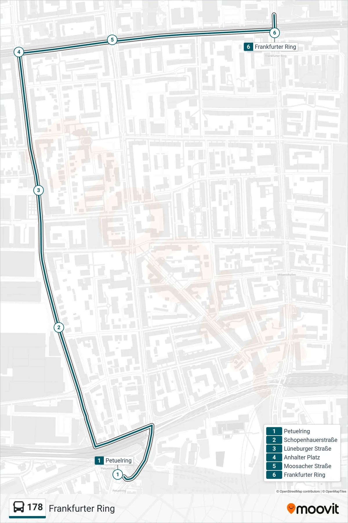 Linie 178 (Bus) Richtung Frankfurter Ring: Route und Haltestellen auf der Karte