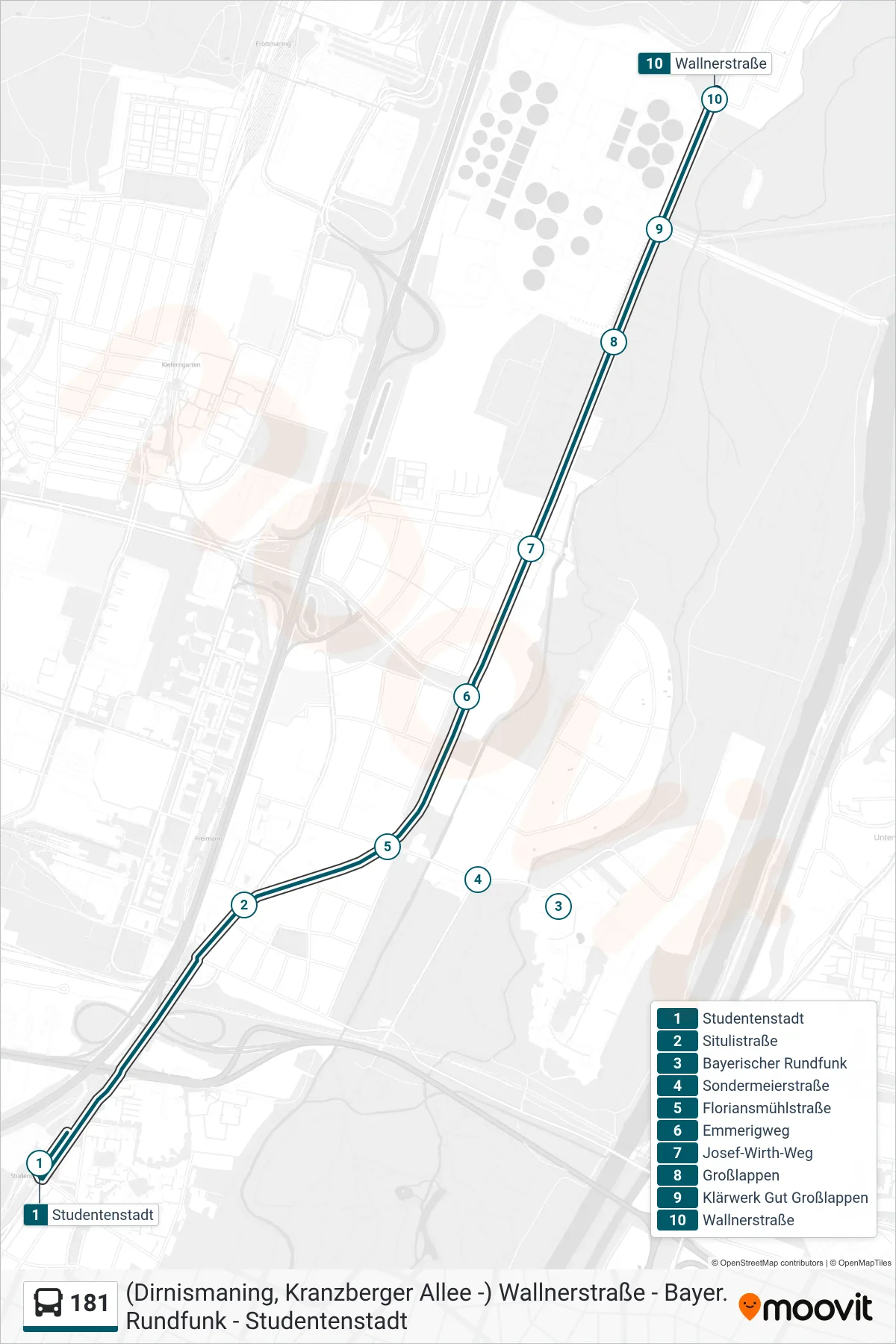 Linie 181 (Bus) Richtung Wallnerstraße: Route und Haltestellen auf der Karte