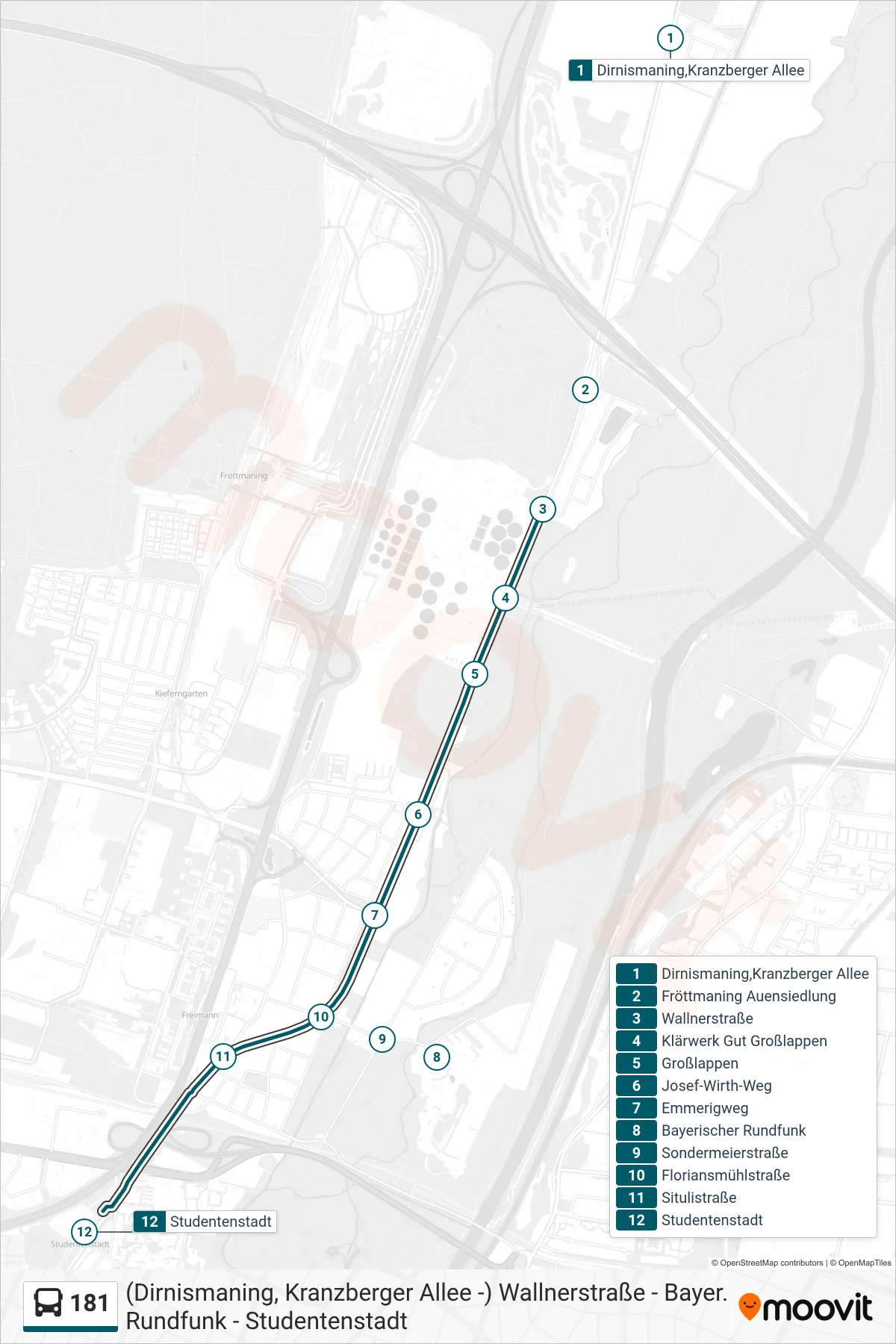 181 bus Line (Studentenstadt) route and stops on a map