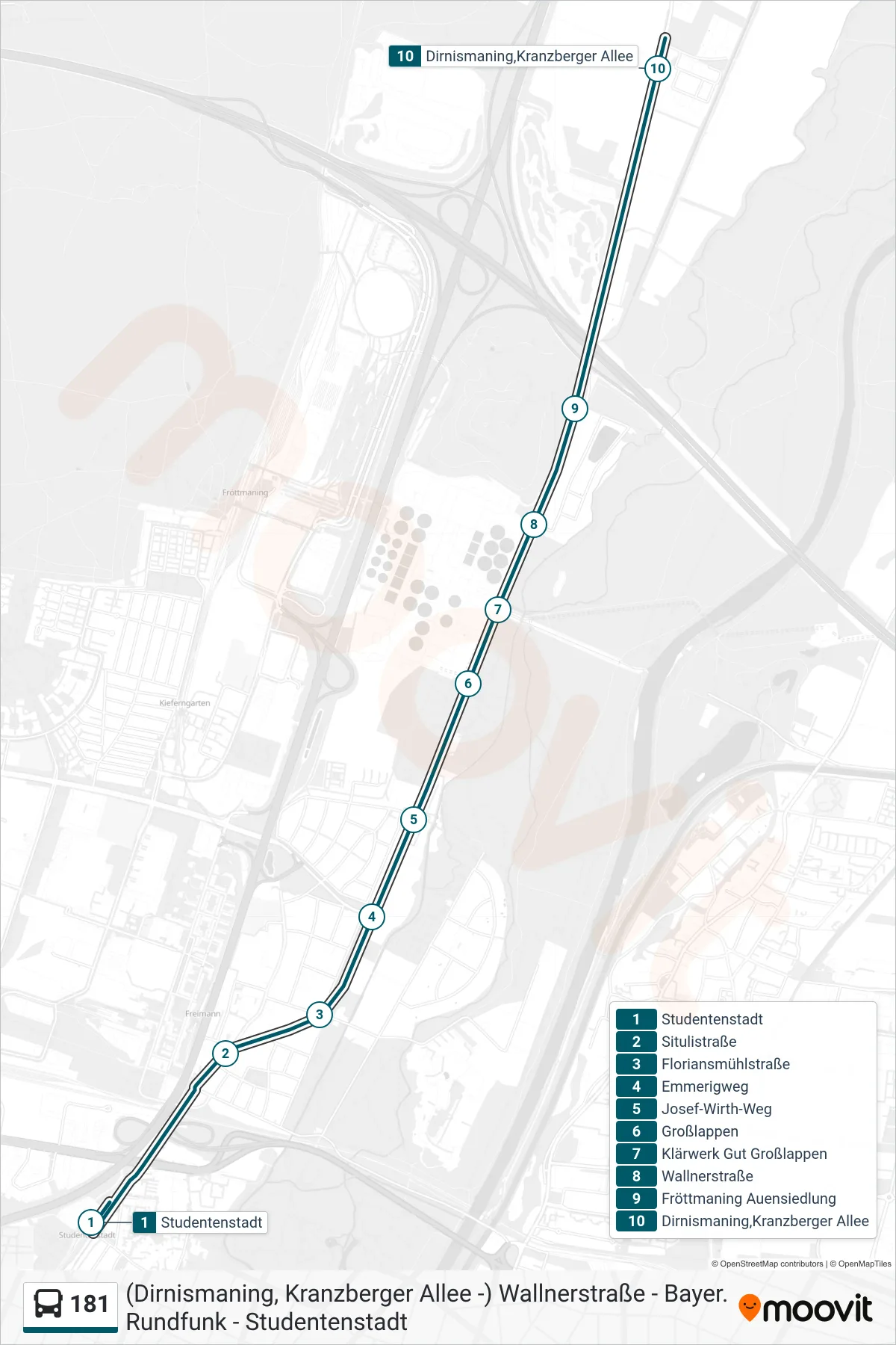 Linie 181 (Bus) Richtung Dirnismaning,Kranzberger Allee: Route und Haltestellen auf der Karte