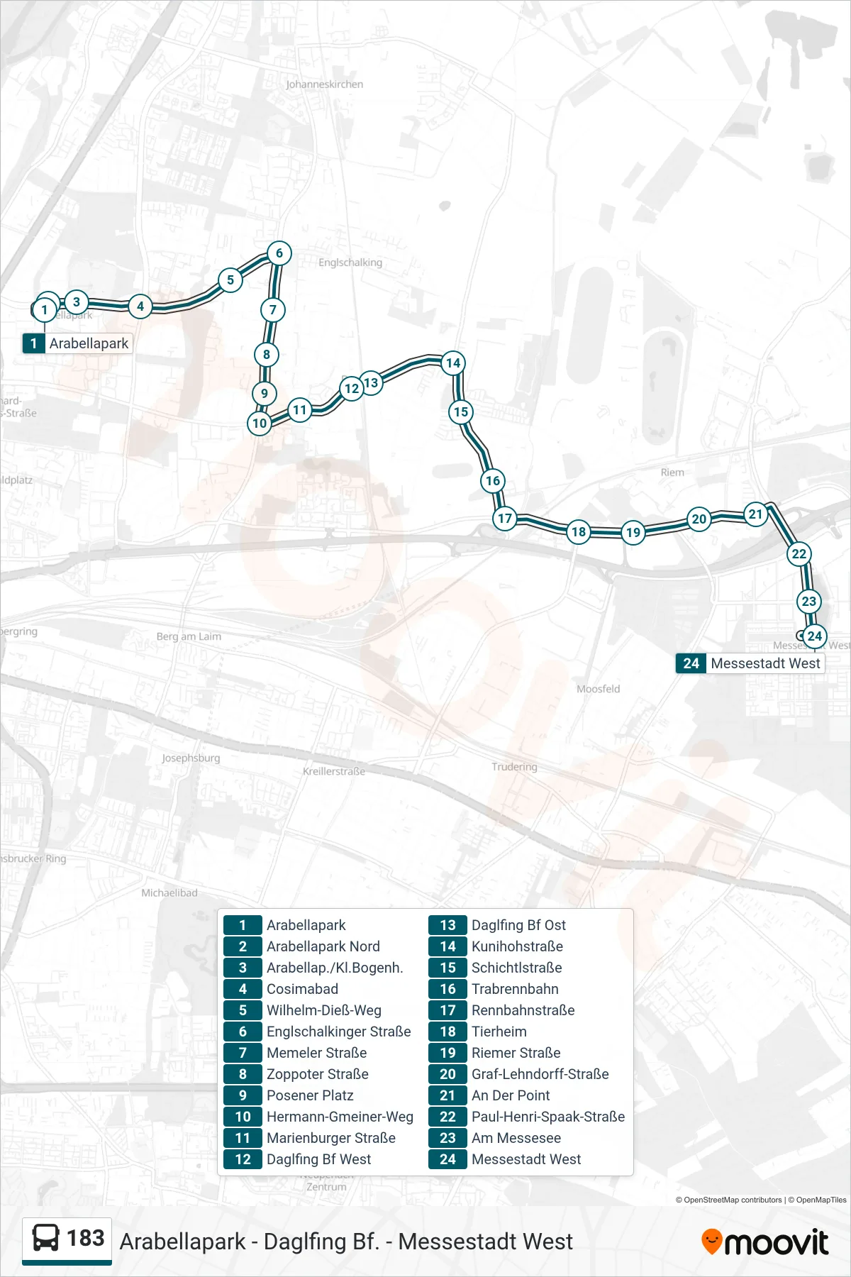 183 bus Line (Messestadt West) route and stops on a map