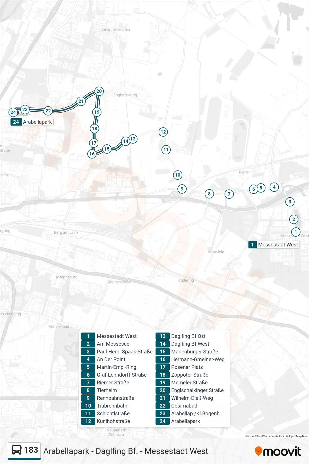 183 bus Line (Arabellapark) route and stops on a map