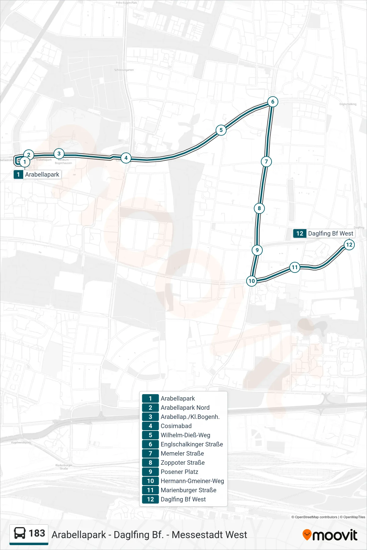 183 bus Line (Daglfing Bahnhof West) route and stops on a map