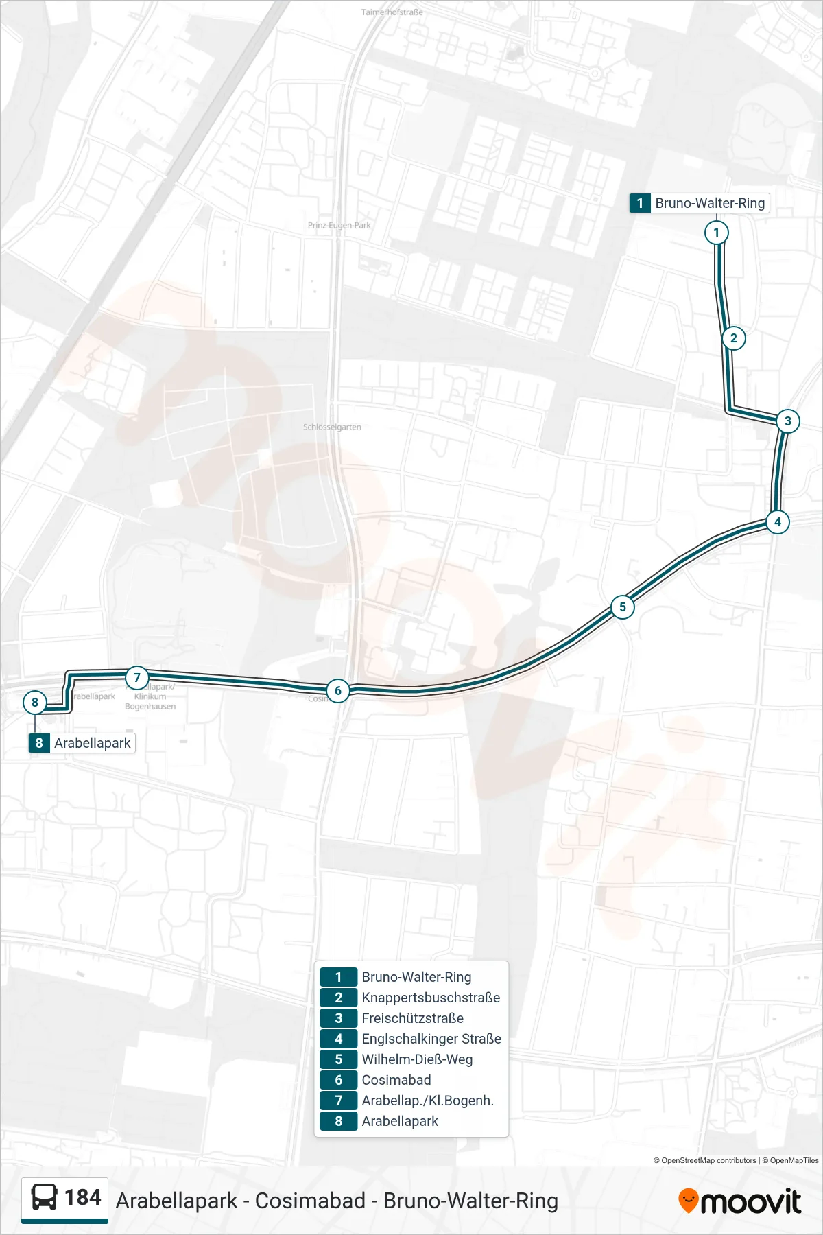 184 bus Line (Arabellapark) route and stops on a map