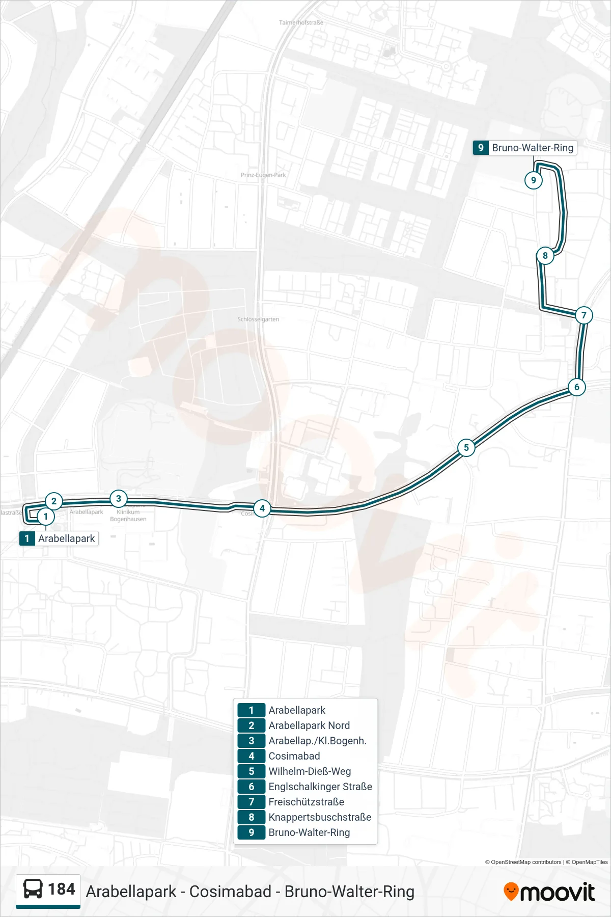 Linie 184 (Bus) Richtung Bruno-Walter-Ring: Route und Haltestellen auf der Karte