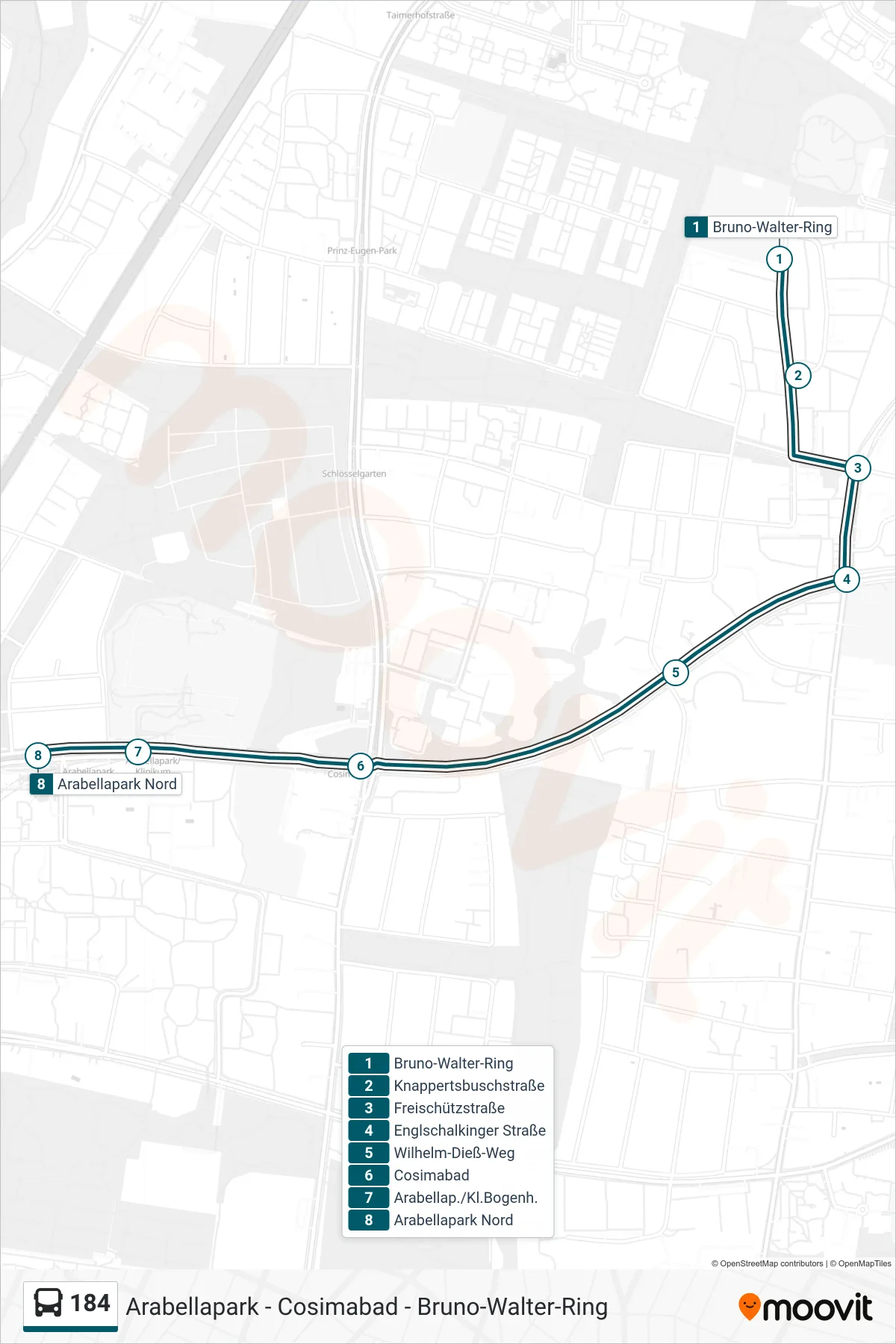 184 bus Line (Arabellapark Nord) route and stops on a map