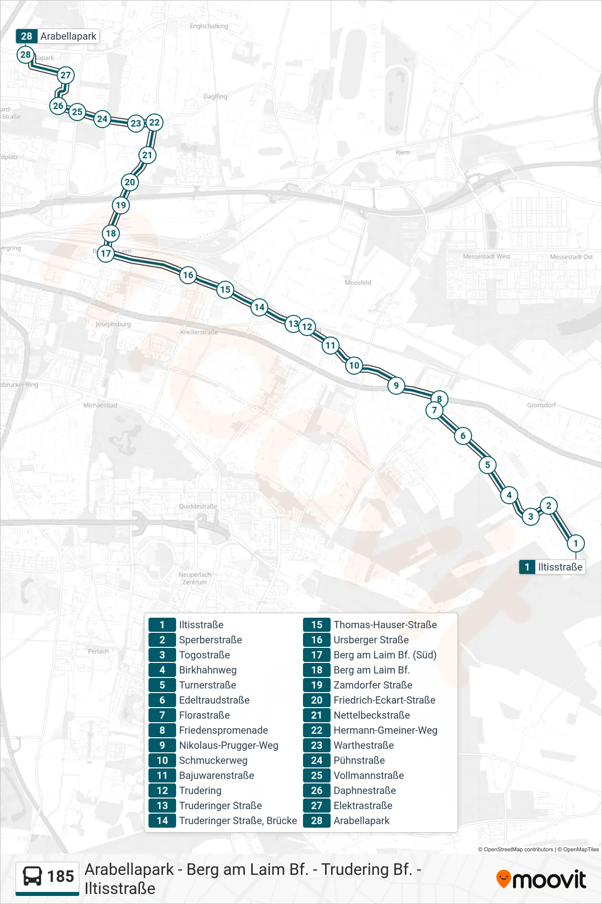 185 bus Line (Arabellapark) route and stops on a map