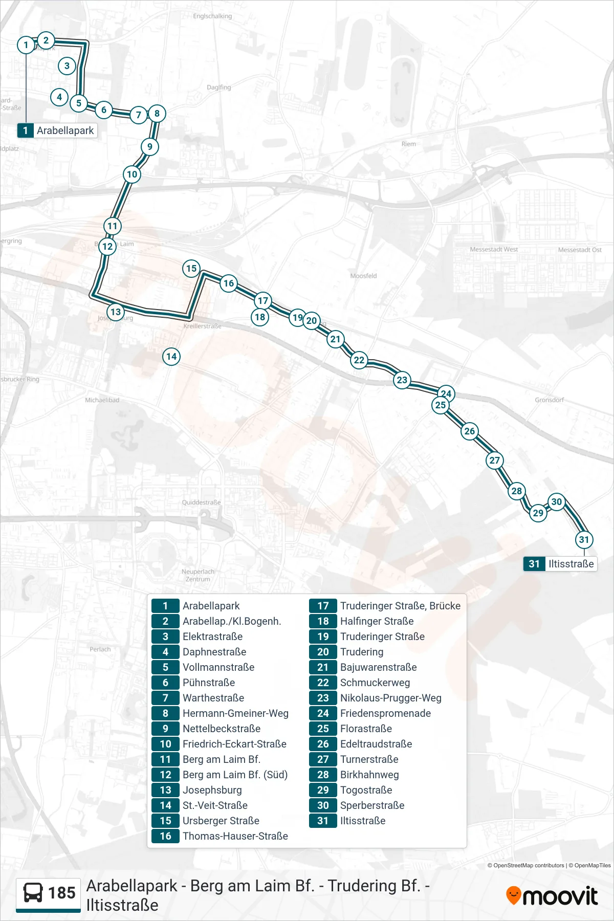 Linie 185 (Bus) Richtung Iltisstraße: Route und Haltestellen auf der Karte