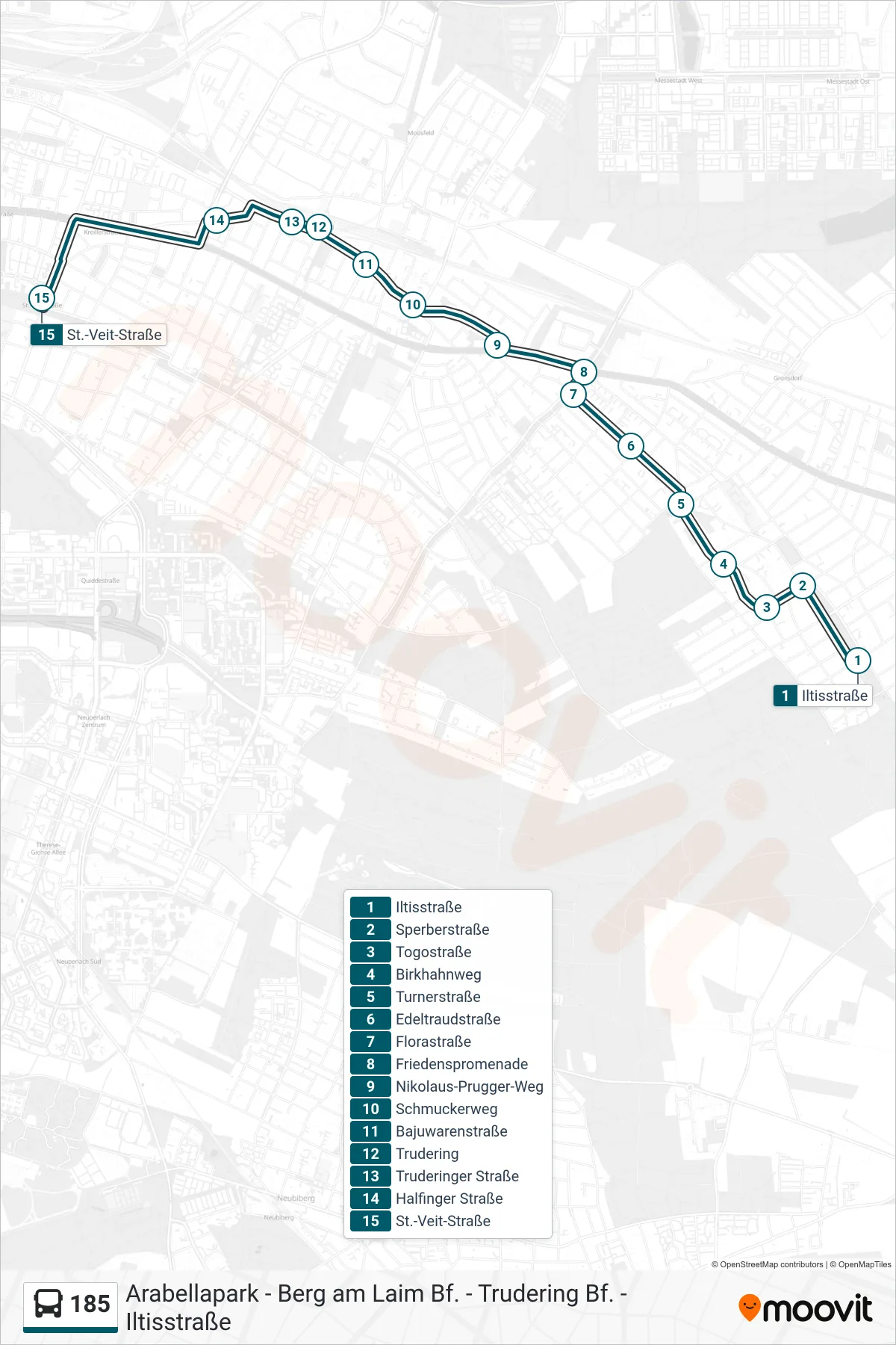 185 bus Line (St.-Veit-Straße) route and stops on a map