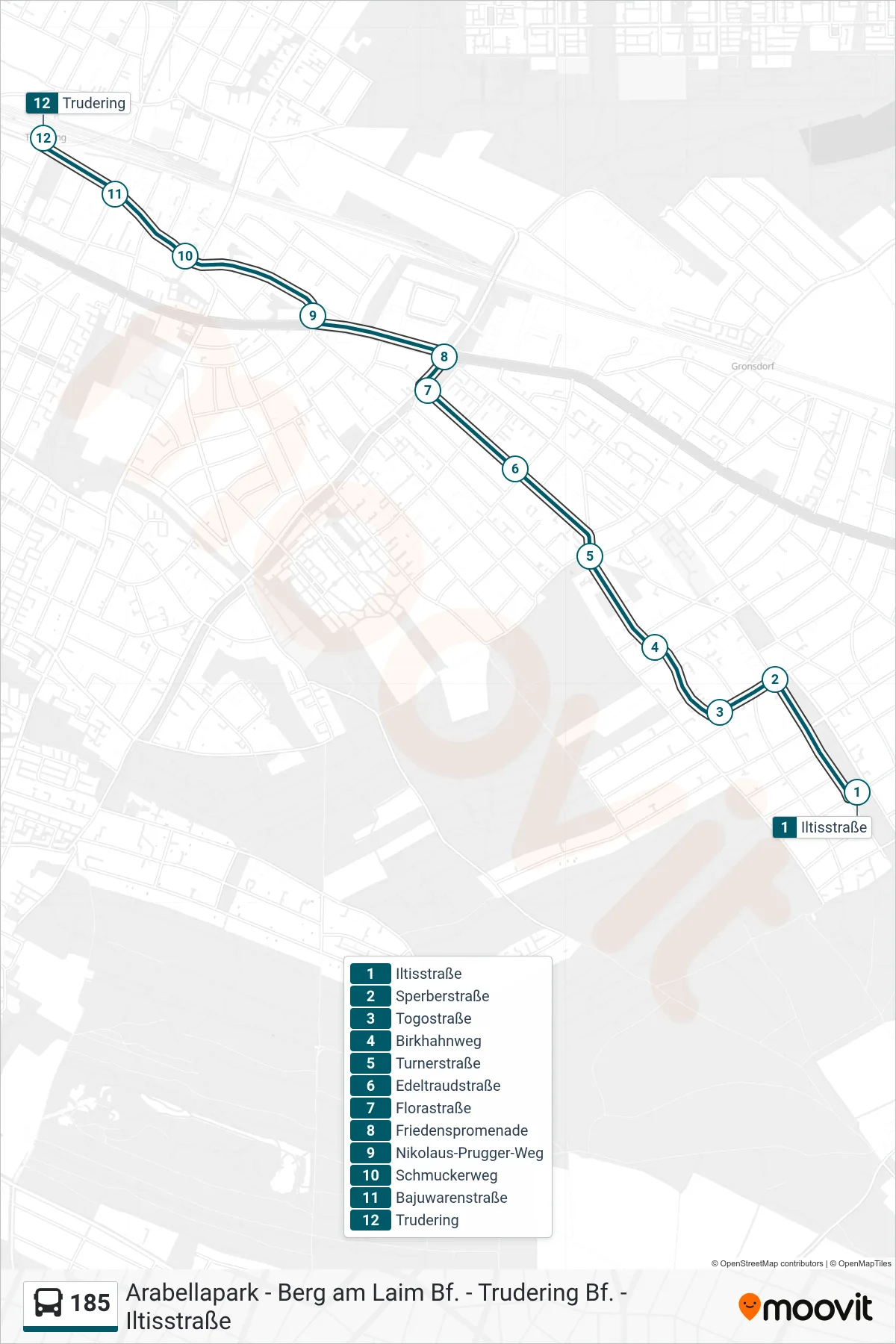 185 bus Line (Trudering) route and stops on a map