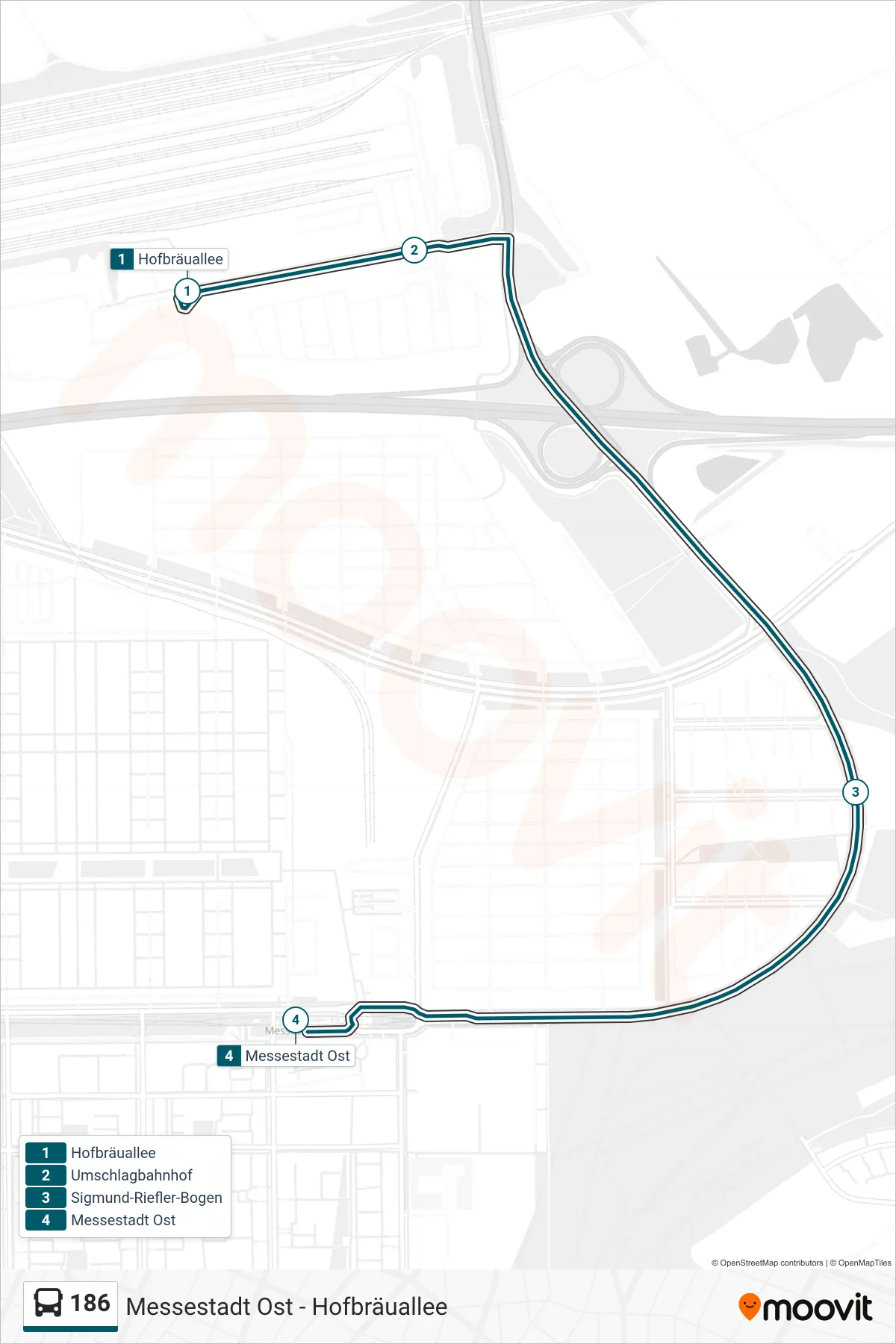 186 bus Line (Messestadt Ost) route and stops on a map