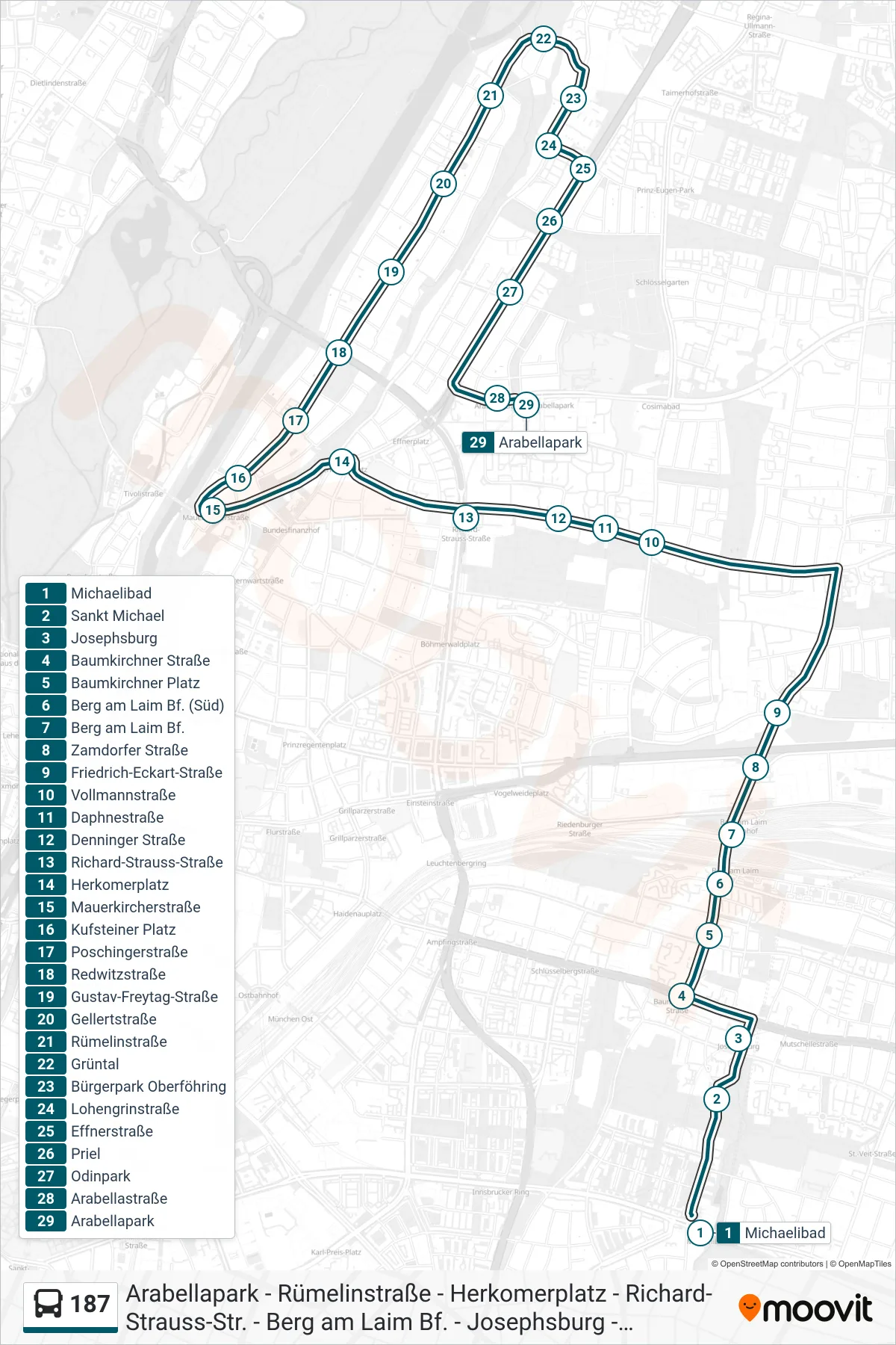 187 bus Line (Arabellapark) route and stops on a map