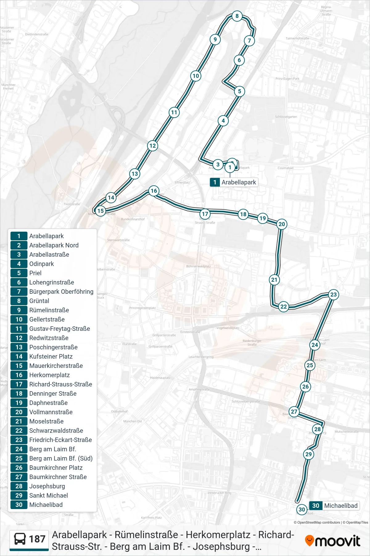 187 bus Line (Michaelibad) route and stops on a map