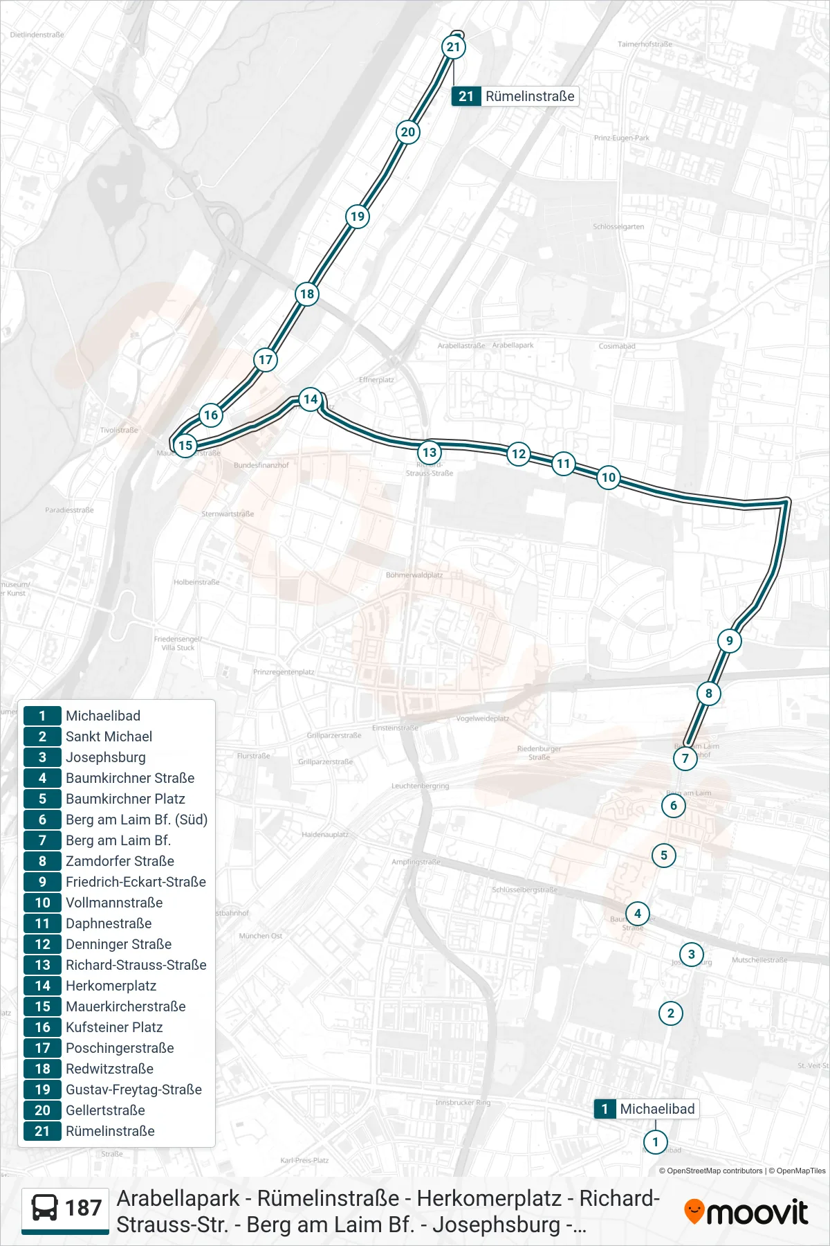 187 bus Line (Rümelinstraße) route and stops on a map