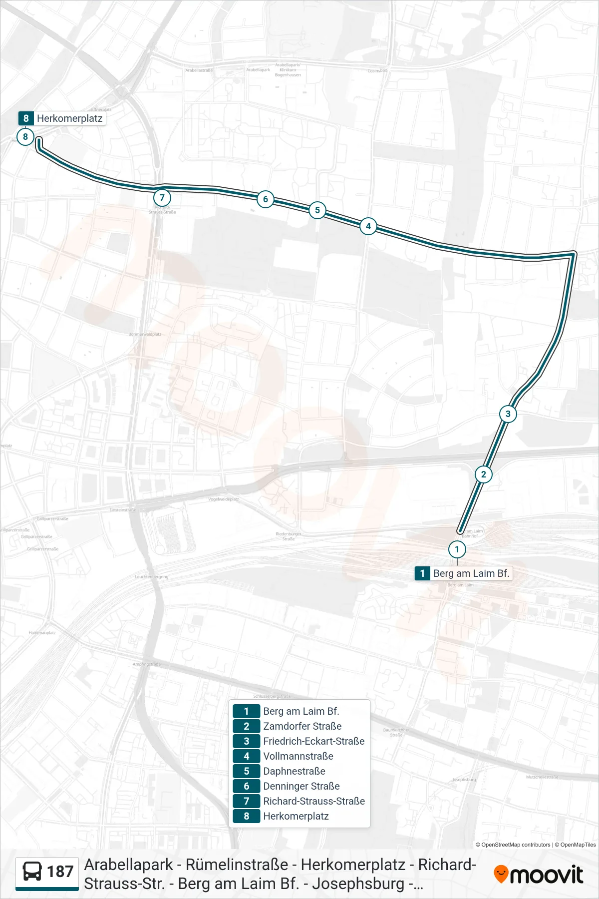 Linie 187 (Bus) Richtung Herkomerplatz: Route und Haltestellen auf der Karte