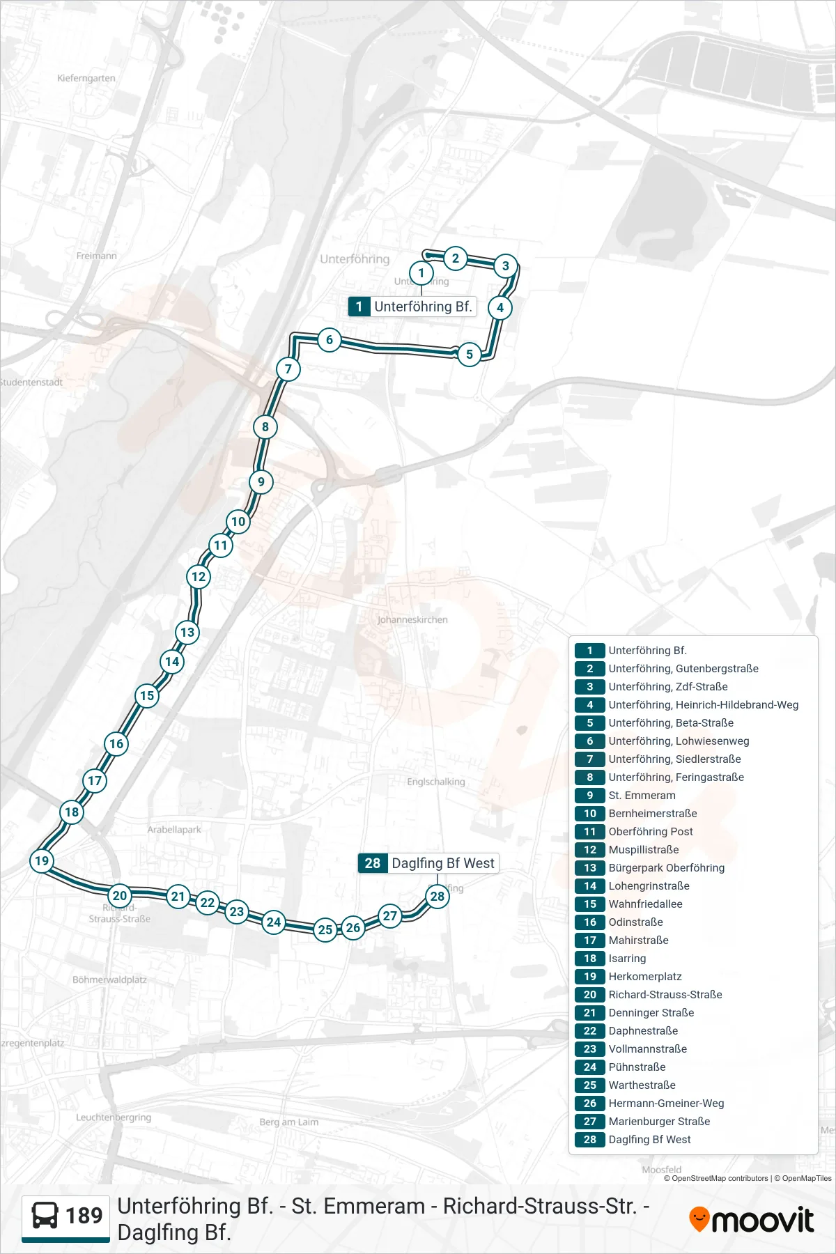 Linie 189 (Bus) Richtung Daglfing Bahnhof West: Route und Haltestellen auf der Karte