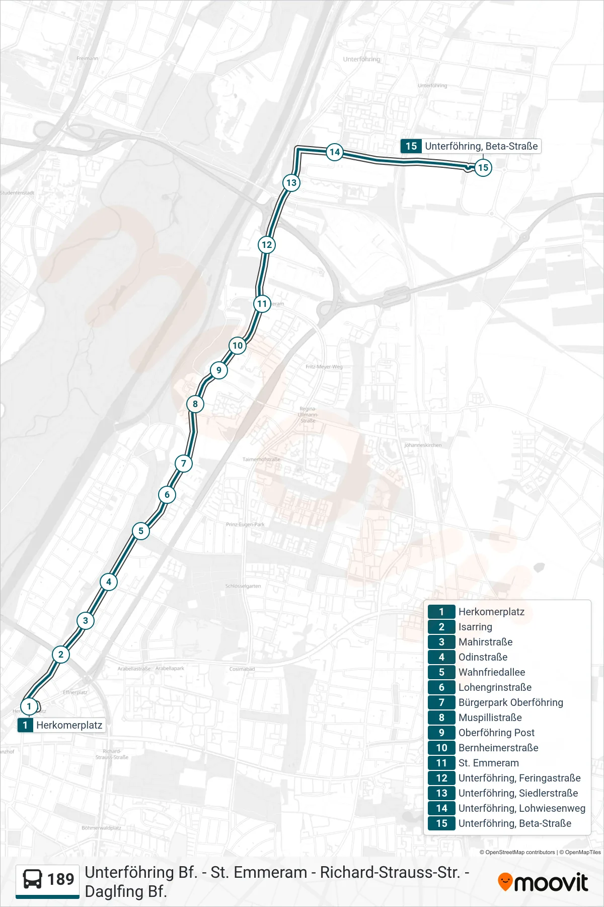 189 bus Line (Unterföhring, Beta-Straße) route and stops on a map