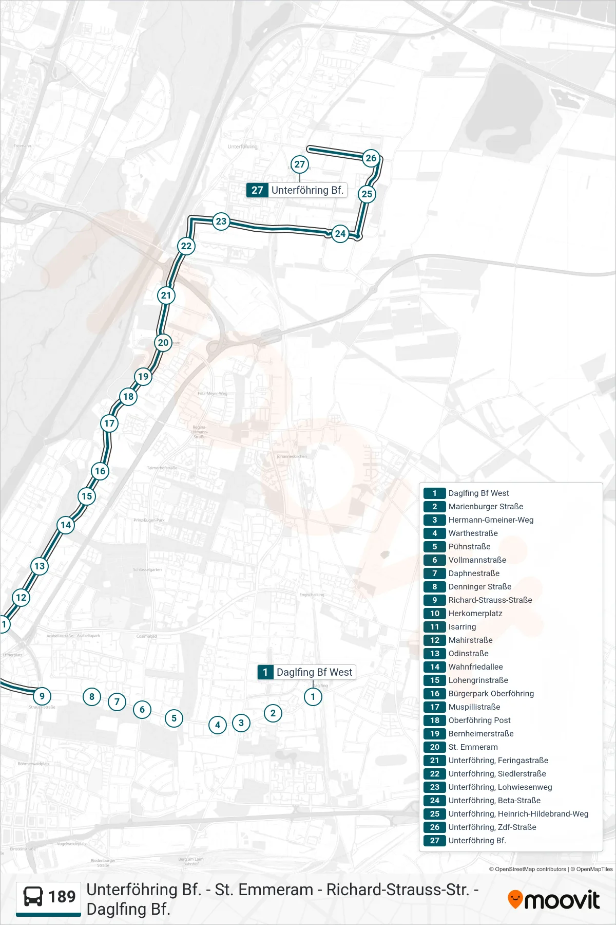 189 bus Line (Unterföhring) route and stops on a map