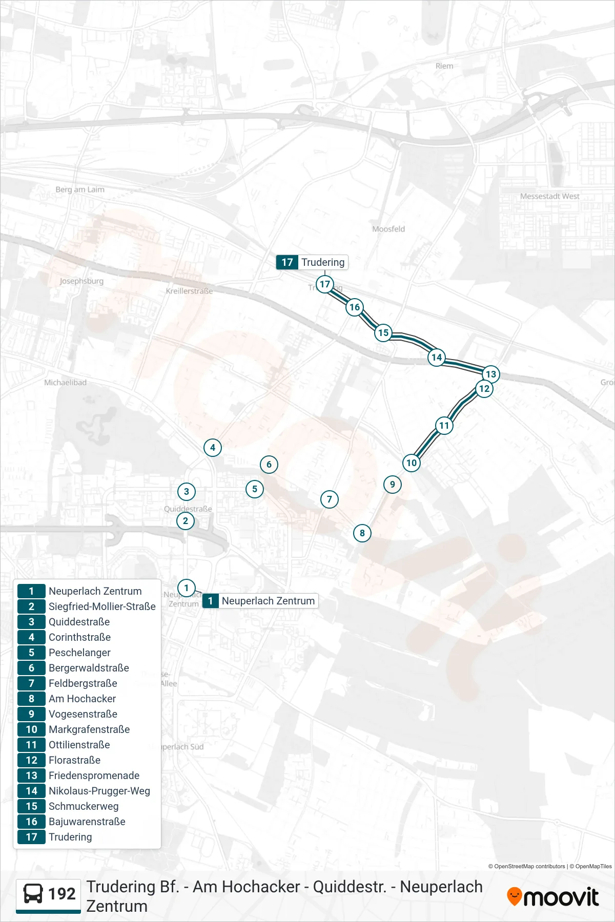 192 bus Line (Trudering) route and stops on a map