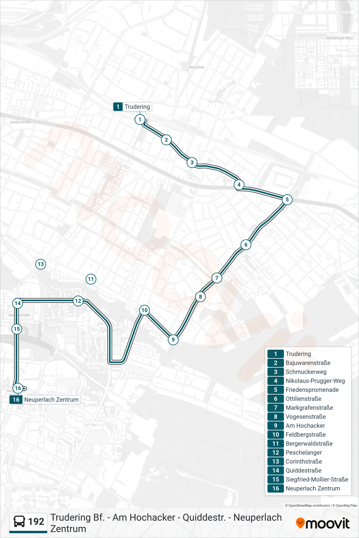 192 bus Line (Neuperlach Zentrum) route and stops on a map