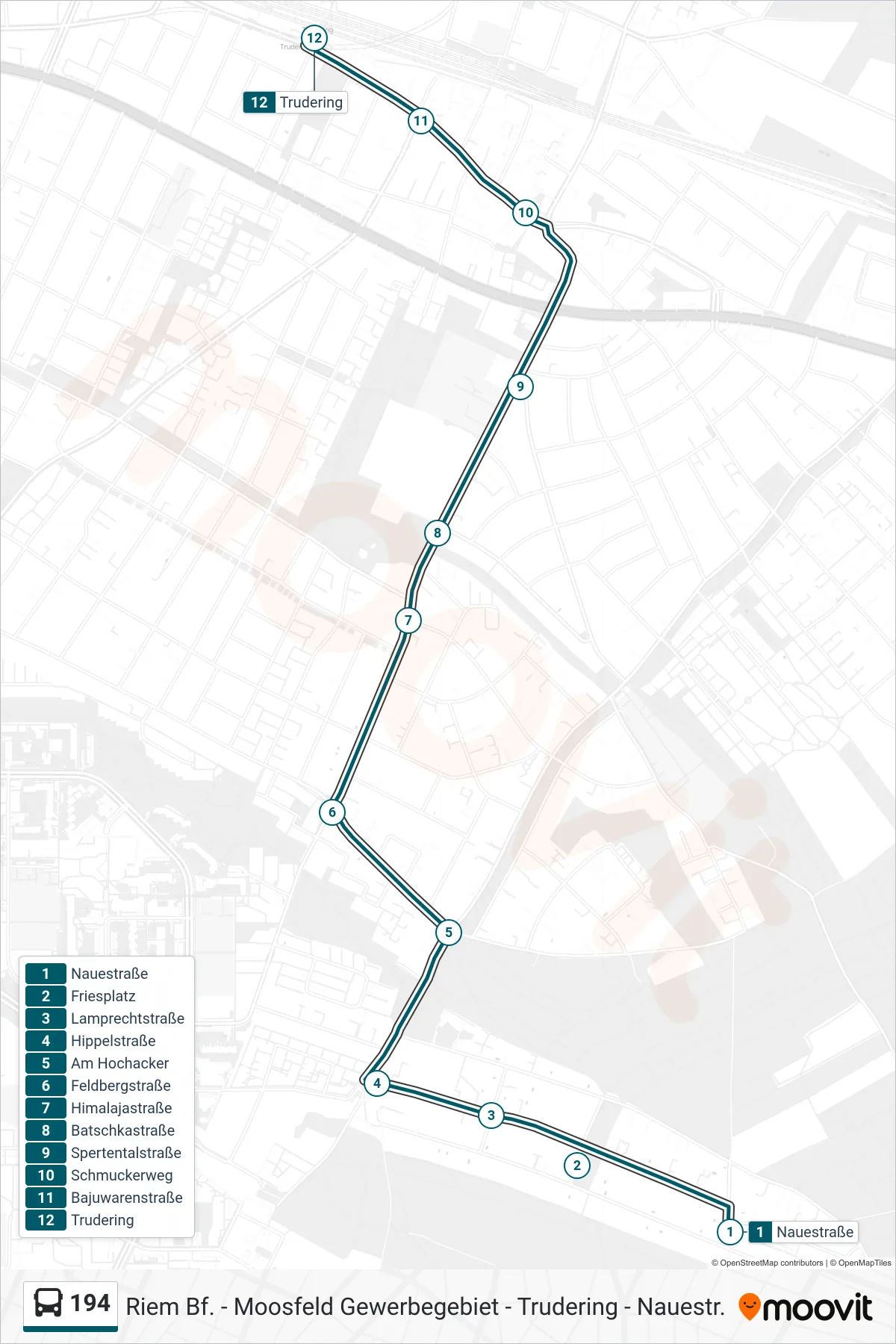 194 bus Line (Trudering) route and stops on a map