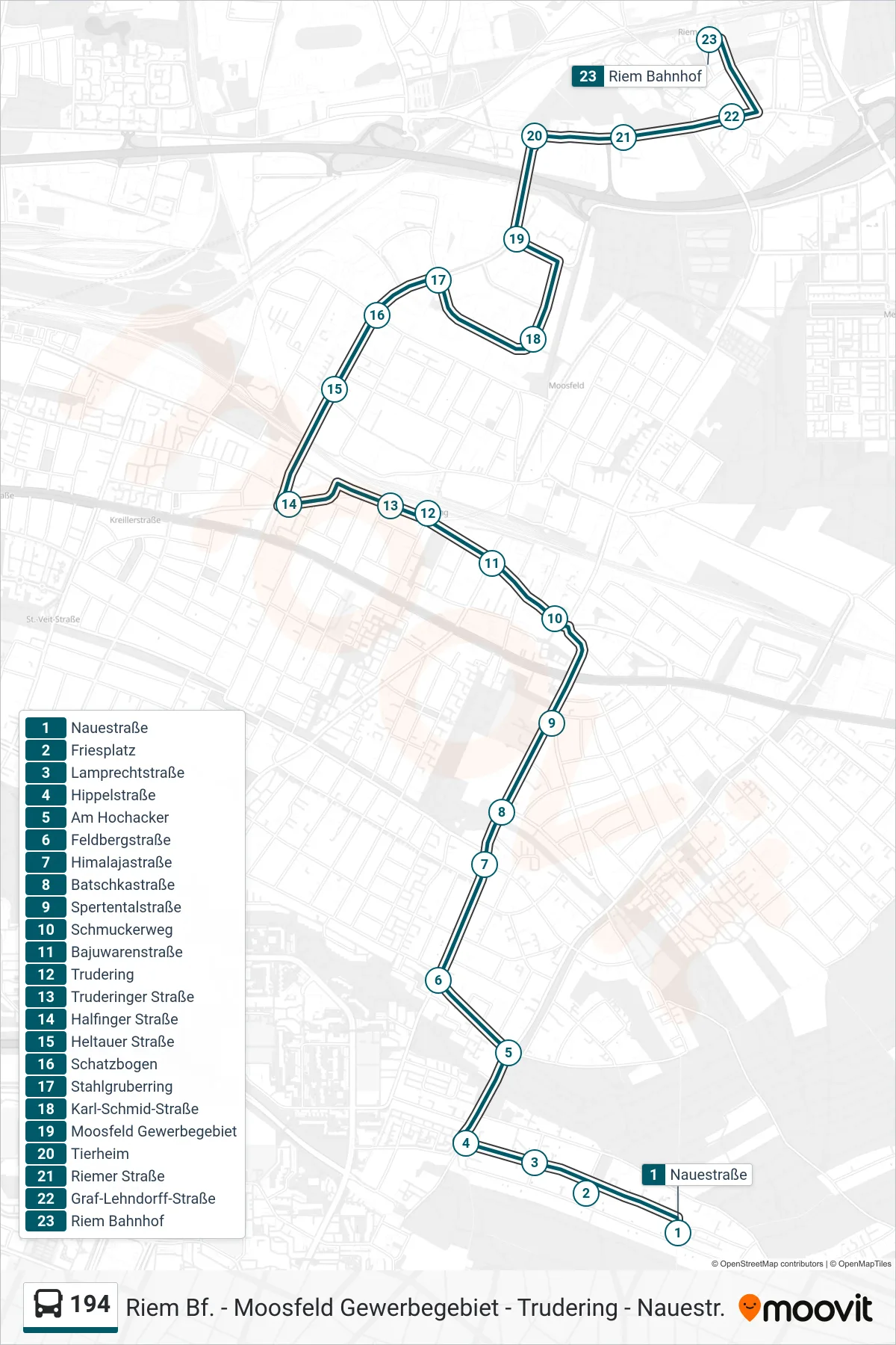 194 bus Line (Riem) route and stops on a map