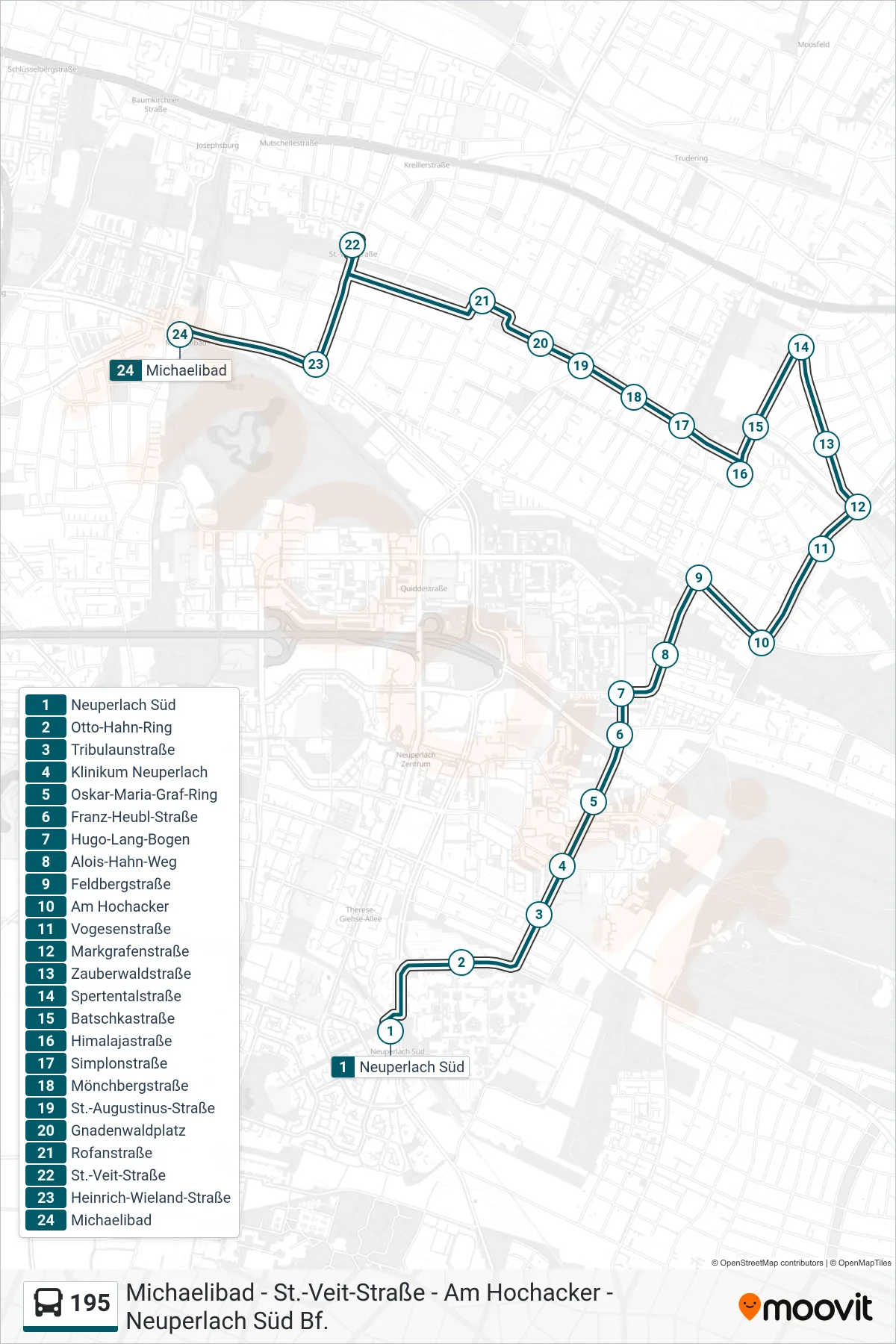 195 bus Line (Michaelibad) route and stops on a map