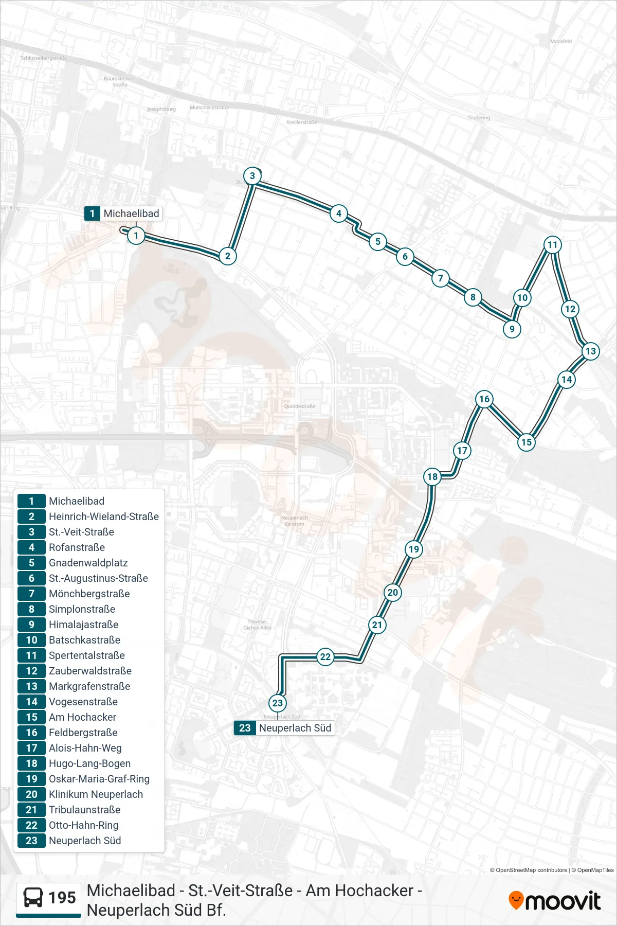 195 bus Line (Neuperlach Süd) route and stops on a map