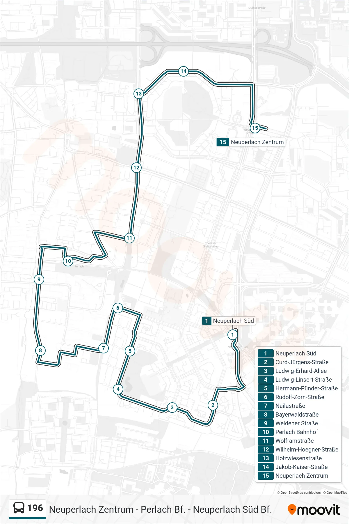 196 bus Line (Neuperlach Zentrum) route and stops on a map