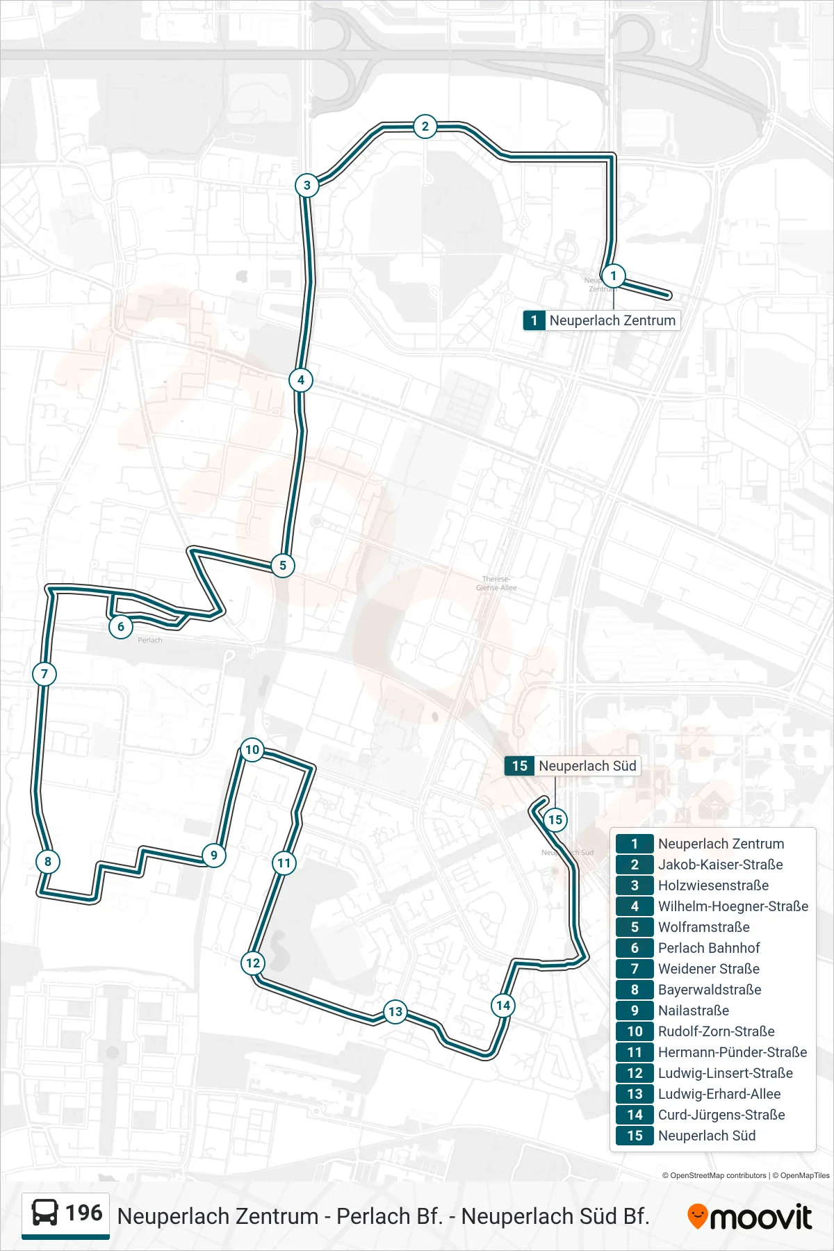 196 bus Line (Neuperlach Süd) route and stops on a map