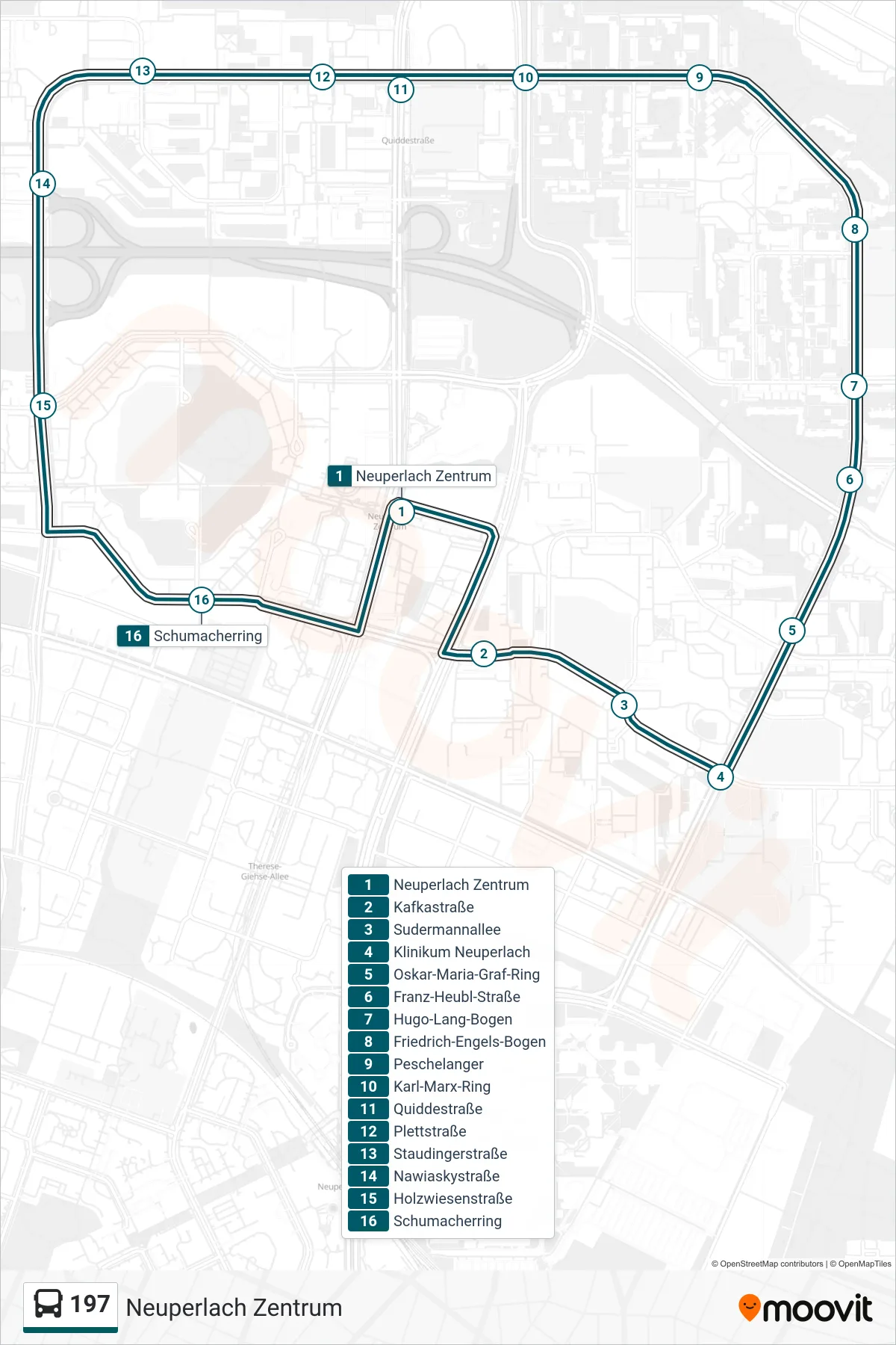 197 bus Line (Neuperlach Zentrum) route and stops on a map