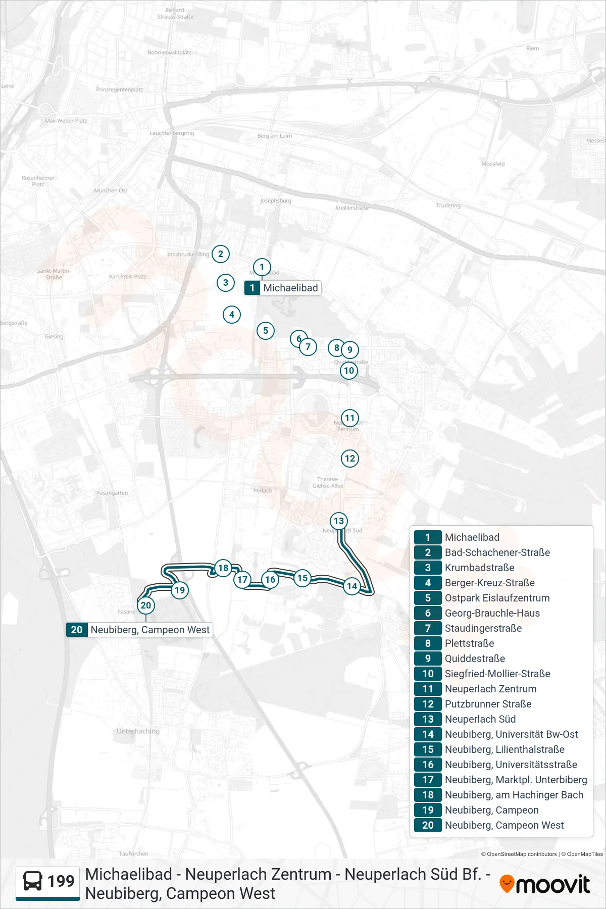 199 bus Line (Neubiberg, Campeon West) route and stops on a map