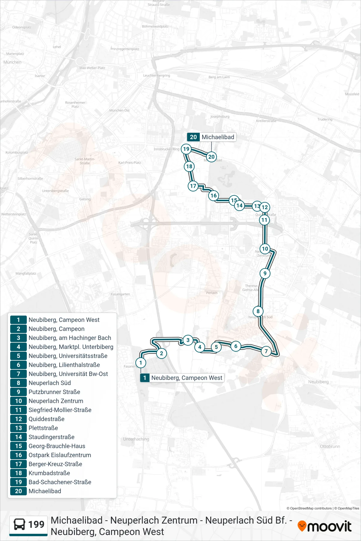 199 bus Line (Michaelibad) route and stops on a map