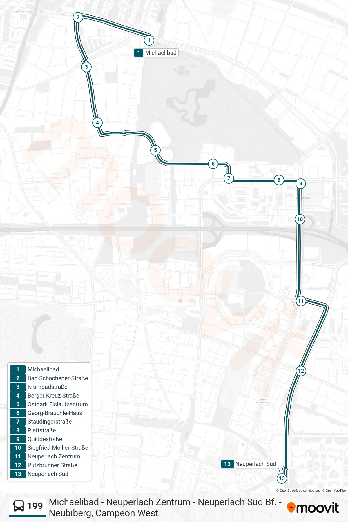 Linie 199 (Bus) Richtung Neuperlach Süd: Route und Haltestellen auf der Karte