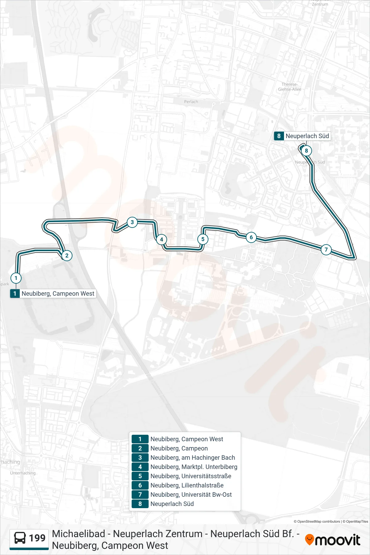 Linie 199 (Bus) Richtung Neuperlach Süd: Route und Haltestellen auf der Karte
