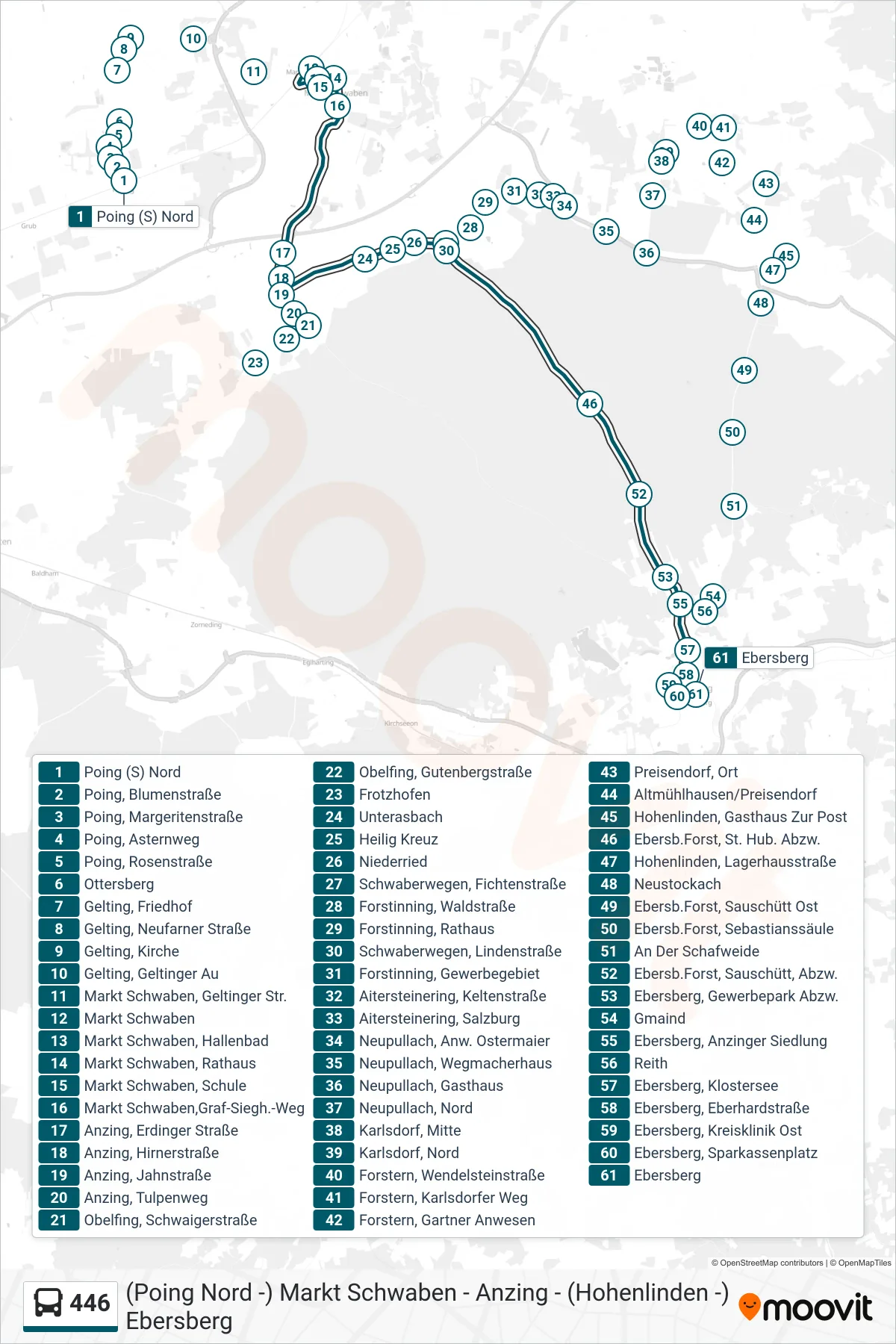 Linie 446 (Bus) Richtung Ebersberg: Route und Haltestellen auf der Karte