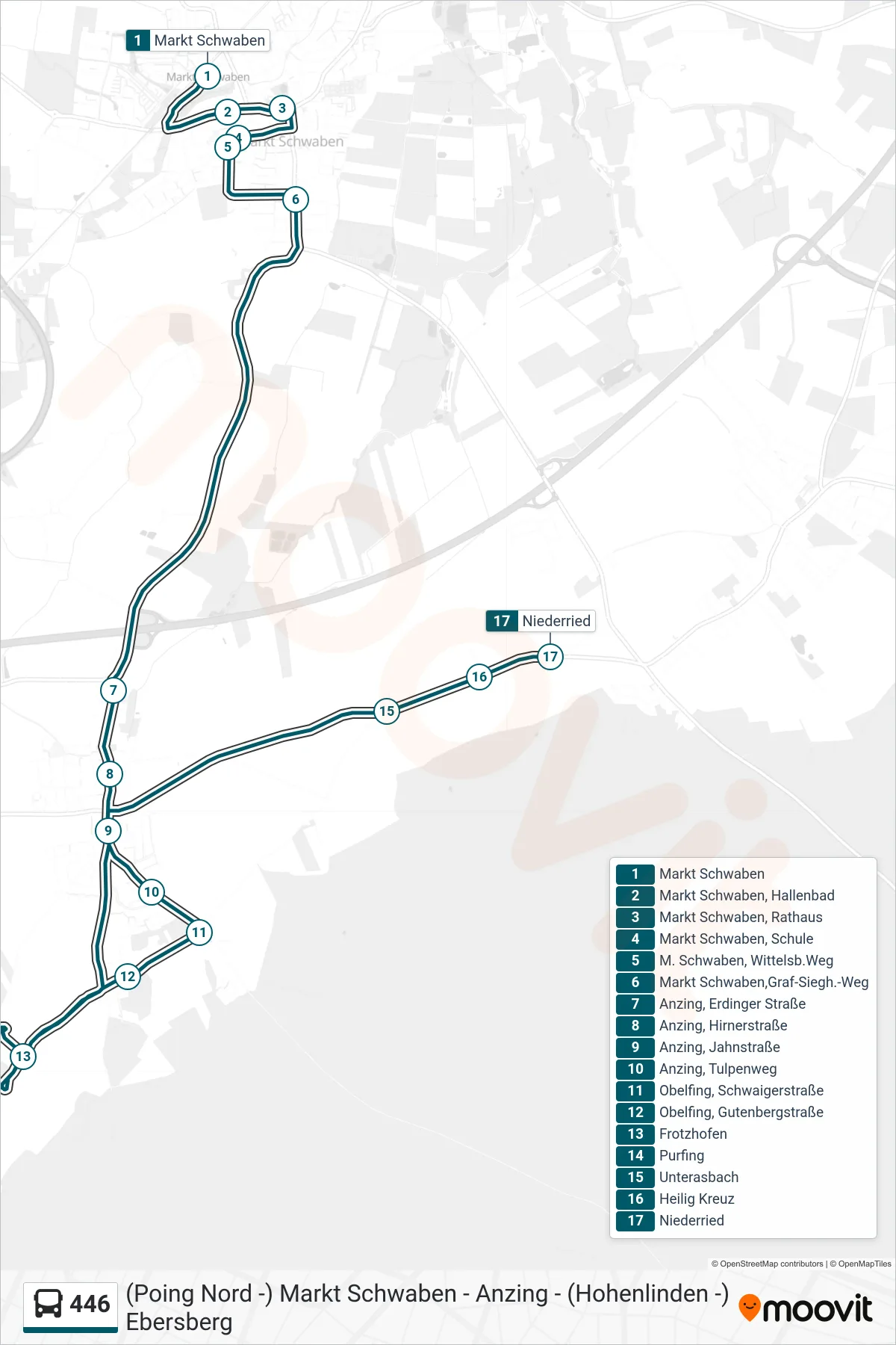 446 bus Line (Niederried) route and stops on a map