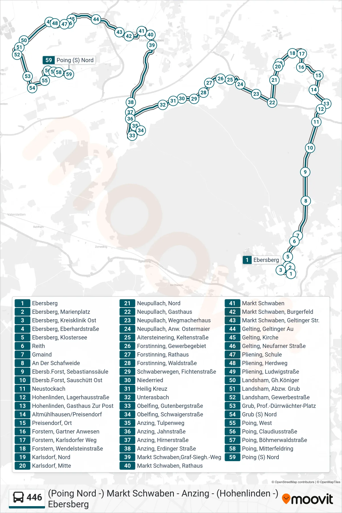 446 bus Line (Poing (S) Nord) route and stops on a map
