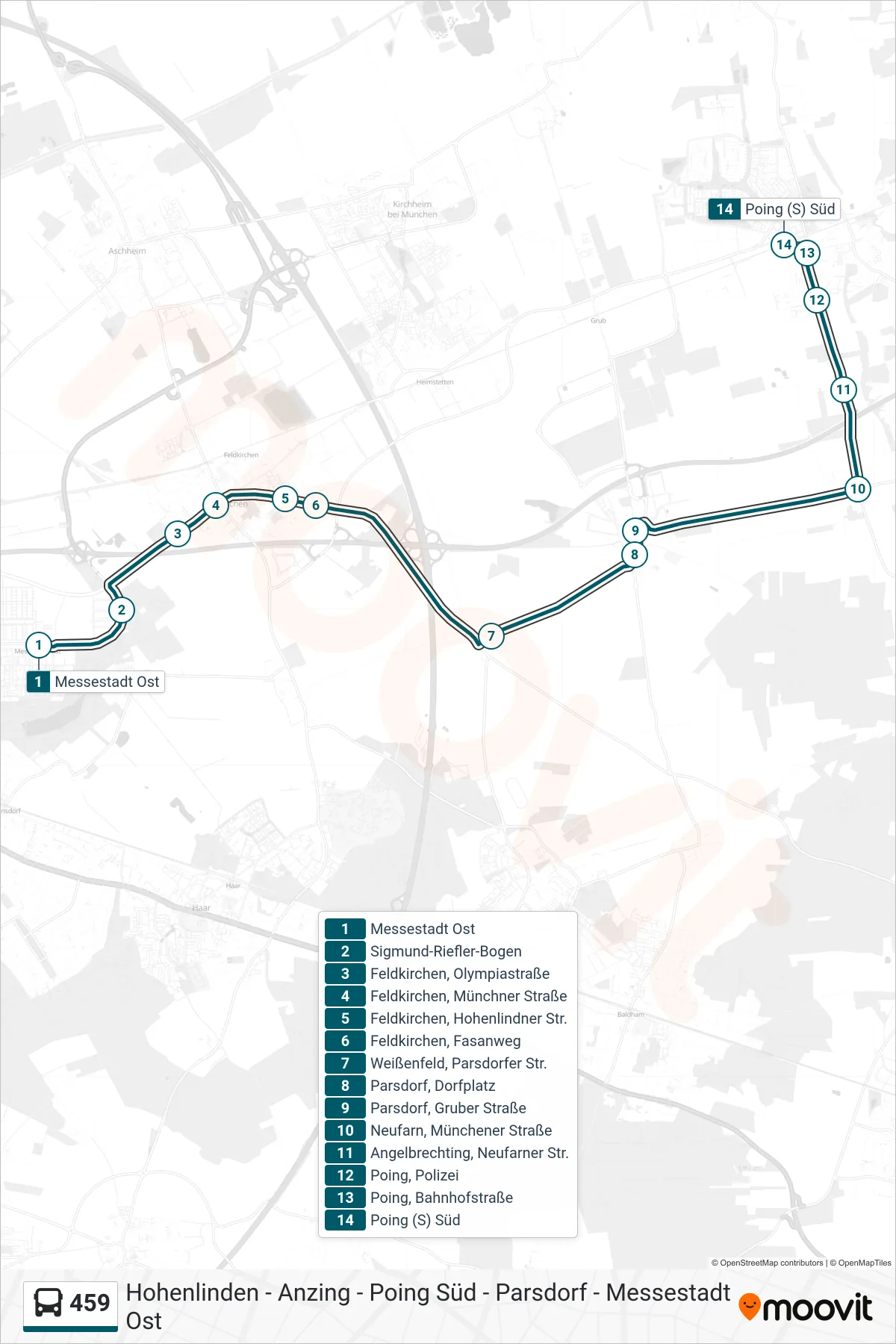 Linie 459 (Bus) Richtung Poing (S) Süd: Route und Haltestellen auf der Karte