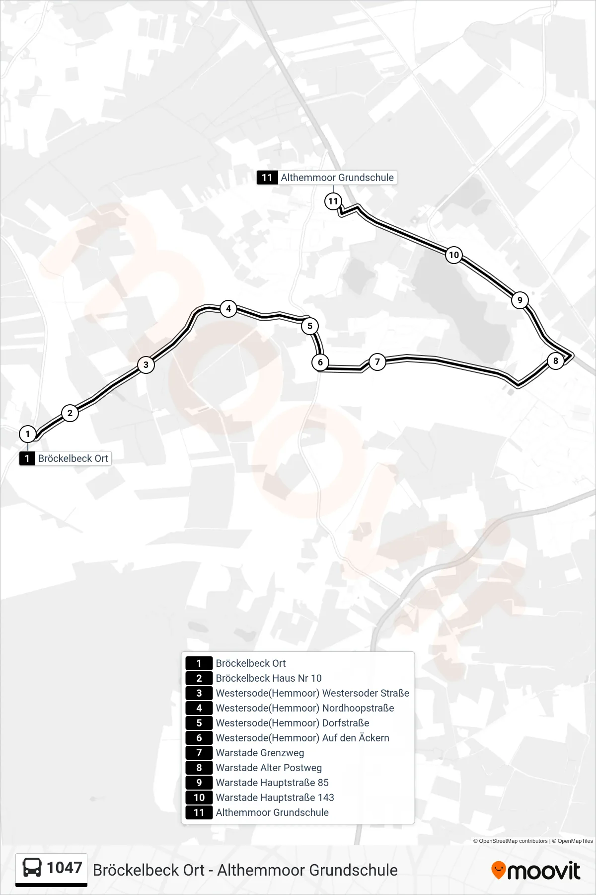 1047 bus Line (Althemmoor Grundschule) route and stops on a map