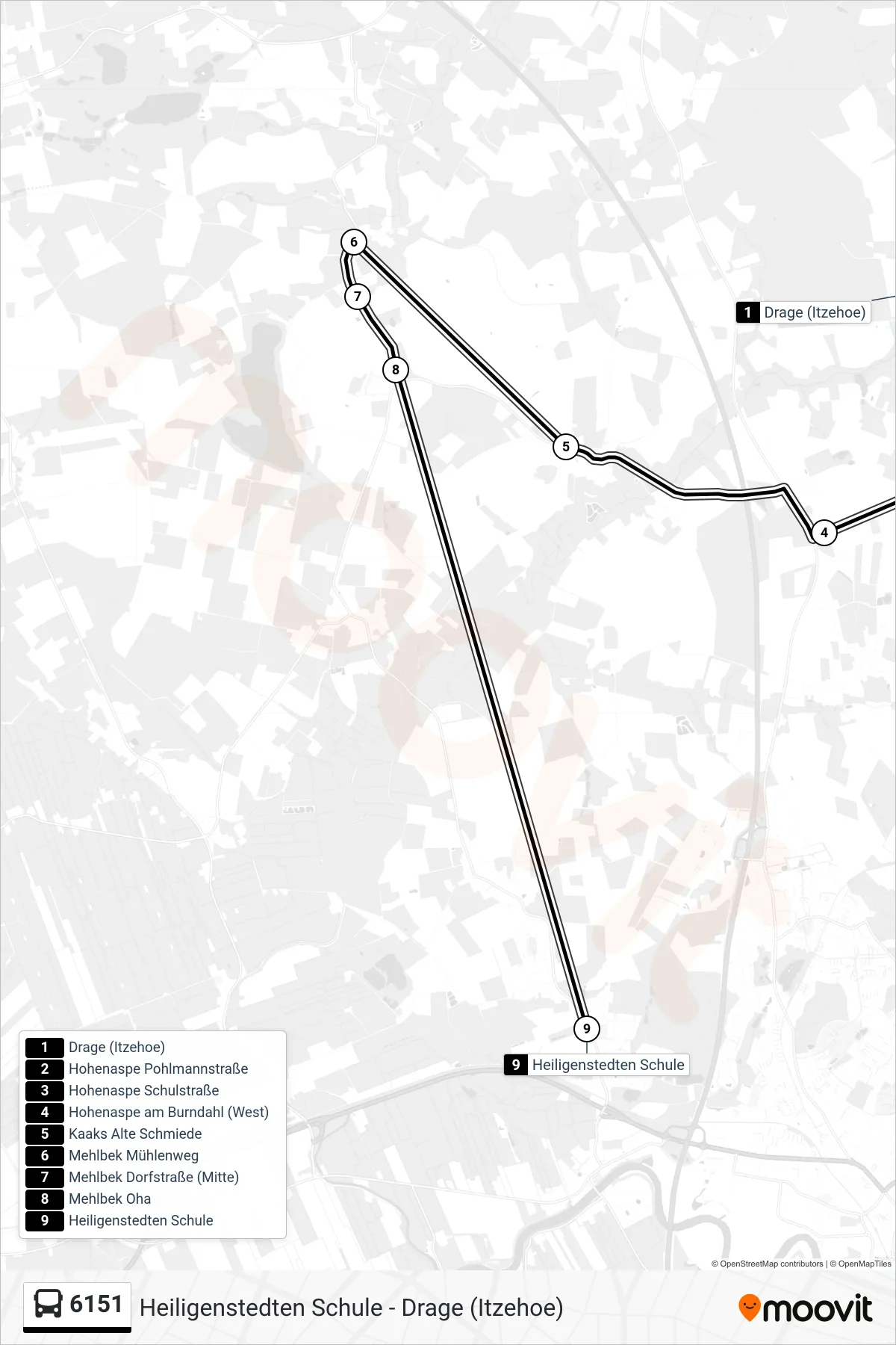 6151 bus Line (Heiligenstedten Fischdiek) route and stops on a map