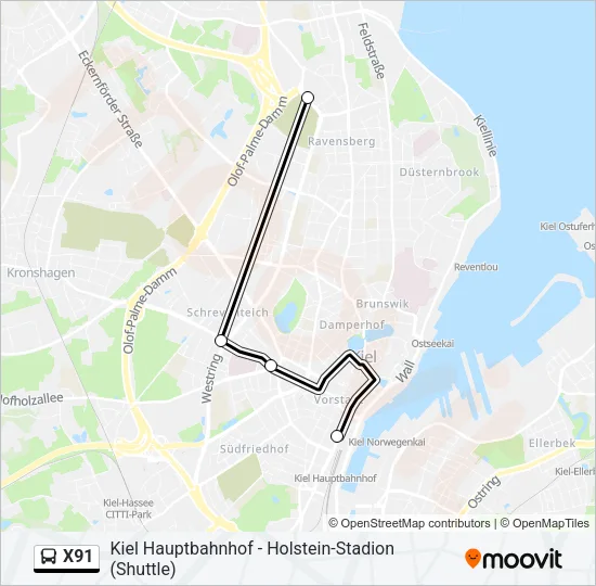 Автобус X91: карта маршрута