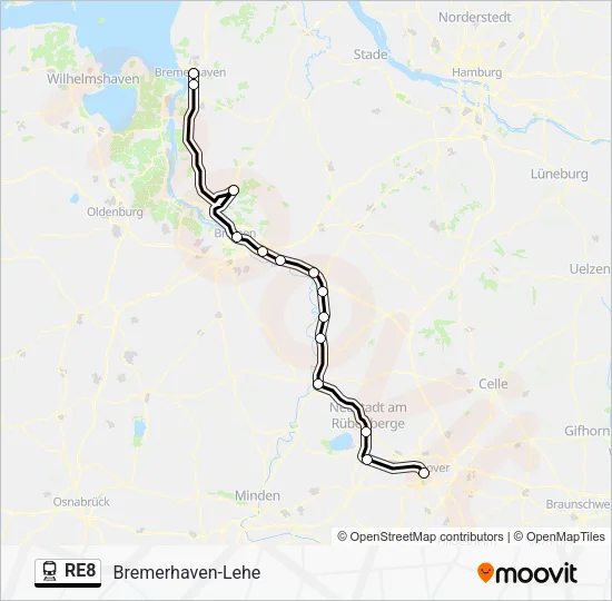 Поезд RE8: карта маршрута