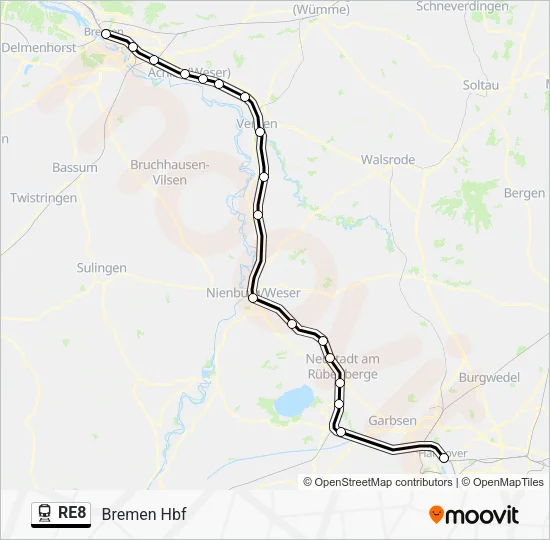 Поезд RE8: карта маршрута