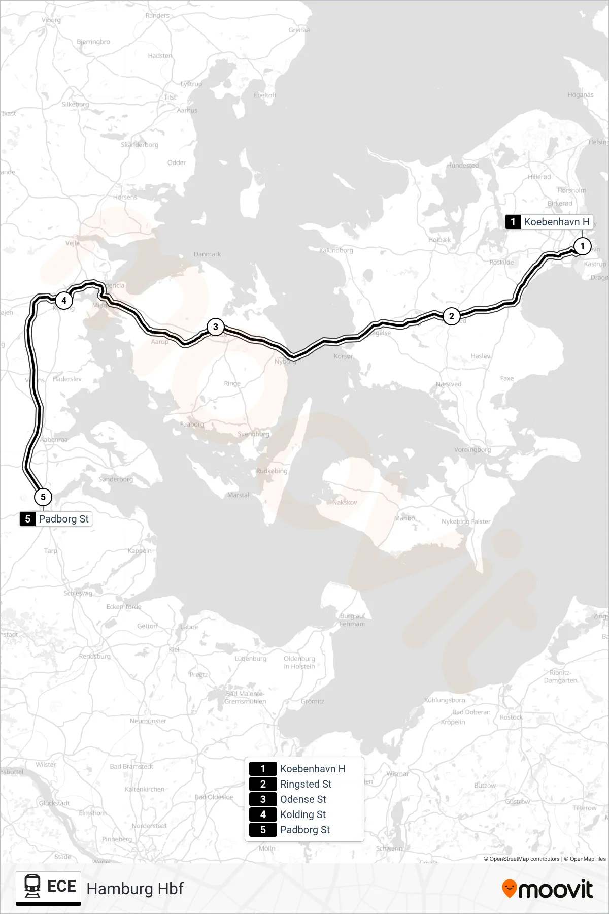 ECE rail Line (Hamburg Hbf) route and stops on a map