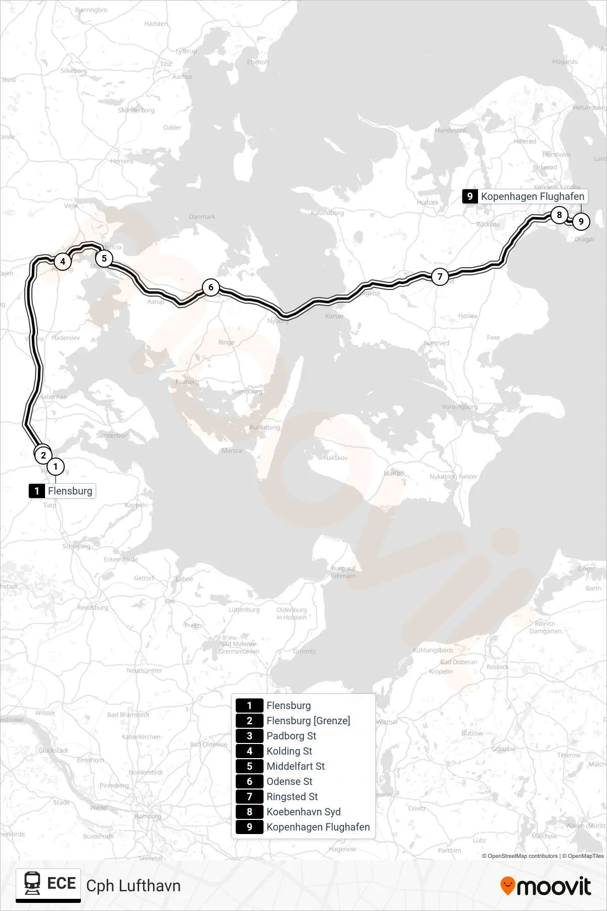 ECE rail Line (Cph Lufthavn) route and stops on a map