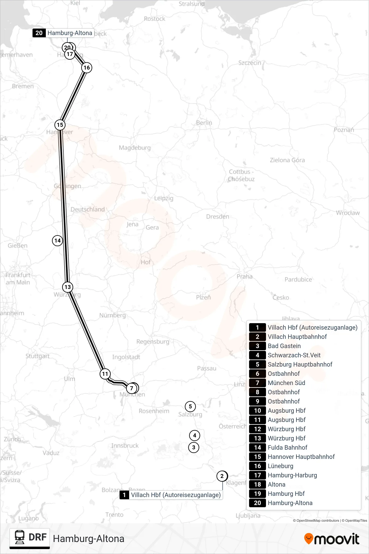 DRF train Line (Hamburg-Altona) route and stops on a map