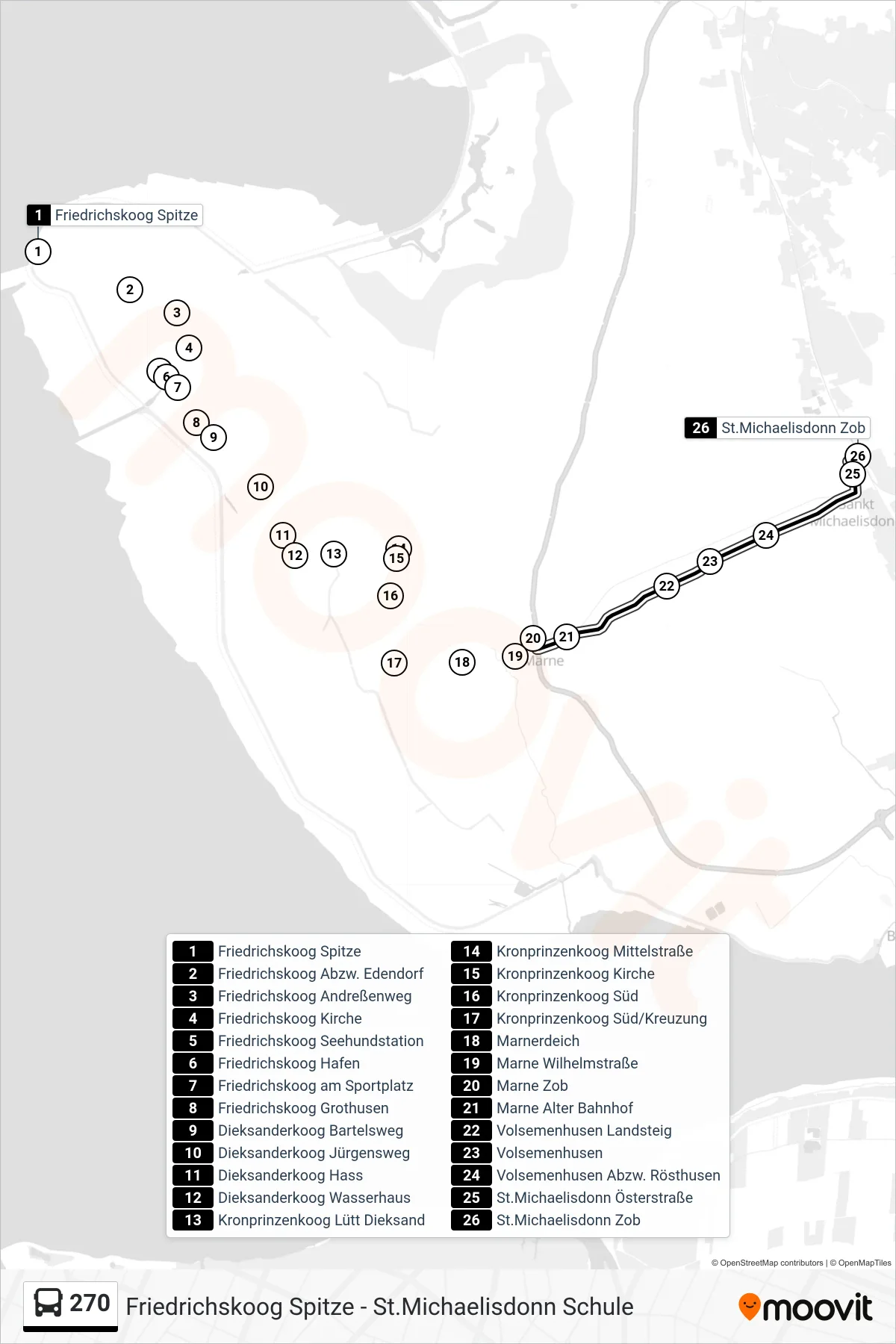 270 bus Line (St.Michaelisdonn Zob) route and stops on a map