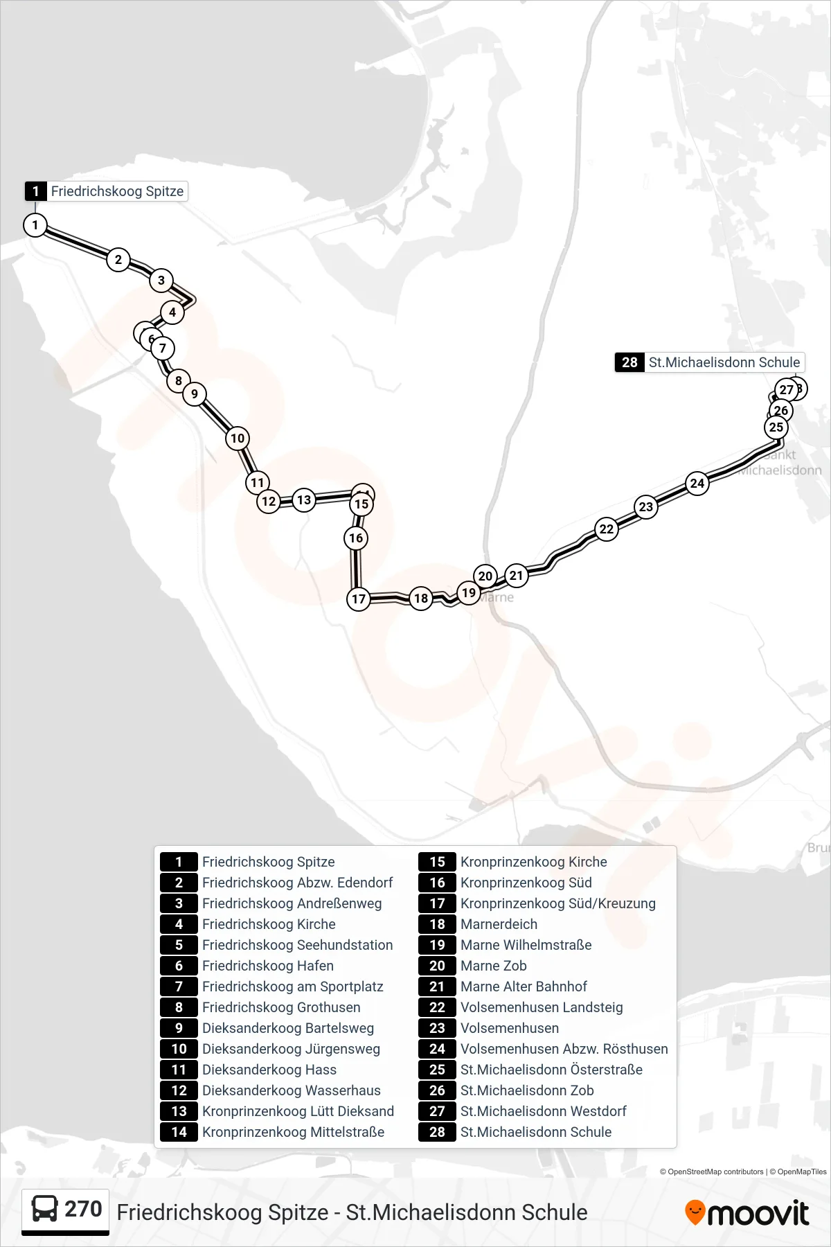 270 bus Line (St.Michaelisdonn Schule) route and stops on a map